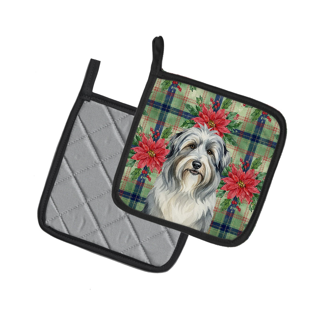 Bearded Collie Christmas PoinsettIas Pot Holder Set of 2 Heat Resistant Quilted Hot Pads 7.5 x 7.5 Inch, Insulated Kitchen Trivets for Cooking & Baking