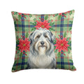 Bearded Collie Christmas PoinsettIas Decorative Throw Pillow 14x14 Indoor Outdoor Accent Cushion, Fabric Cover with Insert for Sofa, Bed, Porch & Living Room