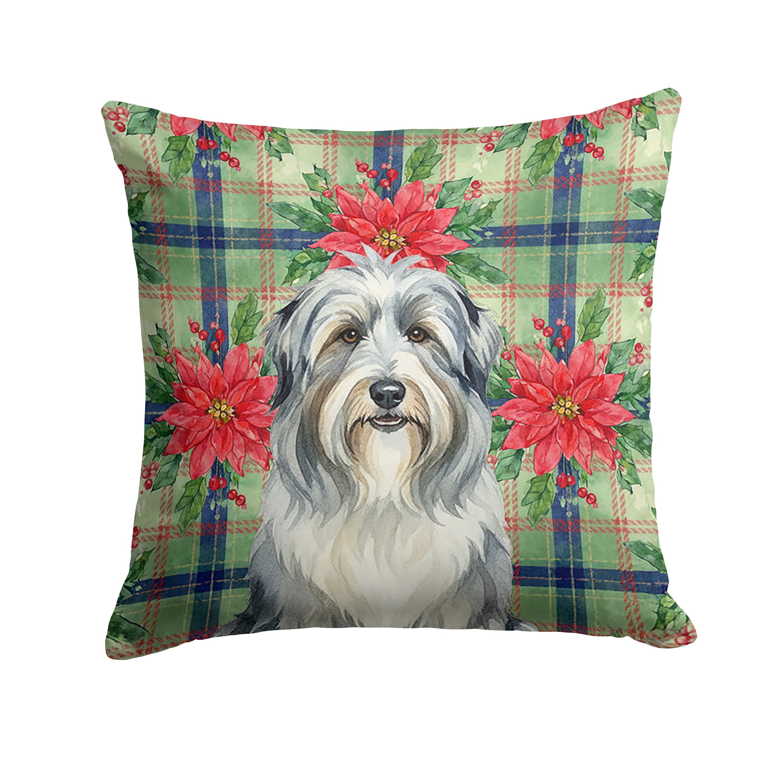 Bearded Collie Christmas PoinsettIas Decorative Throw Pillow 18x18 Indoor Outdoor Accent Cushion, Fabric Cover with Insert for Sofa, Bed, Porch & Living Room