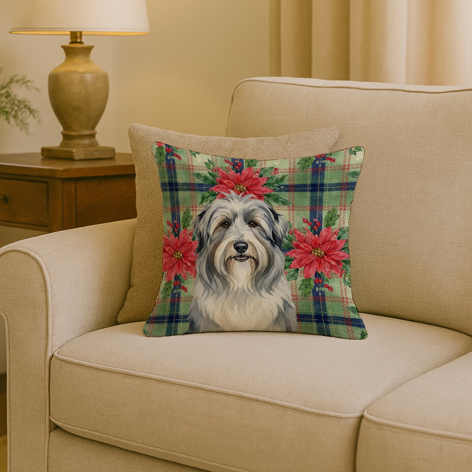 Bearded Collie Christmas PoinsettIas Decorative Throw Pillow 18x18 Indoor Outdoor Accent Cushion, Fabric Cover with Insert for Sofa, Bed, Porch & Living Room