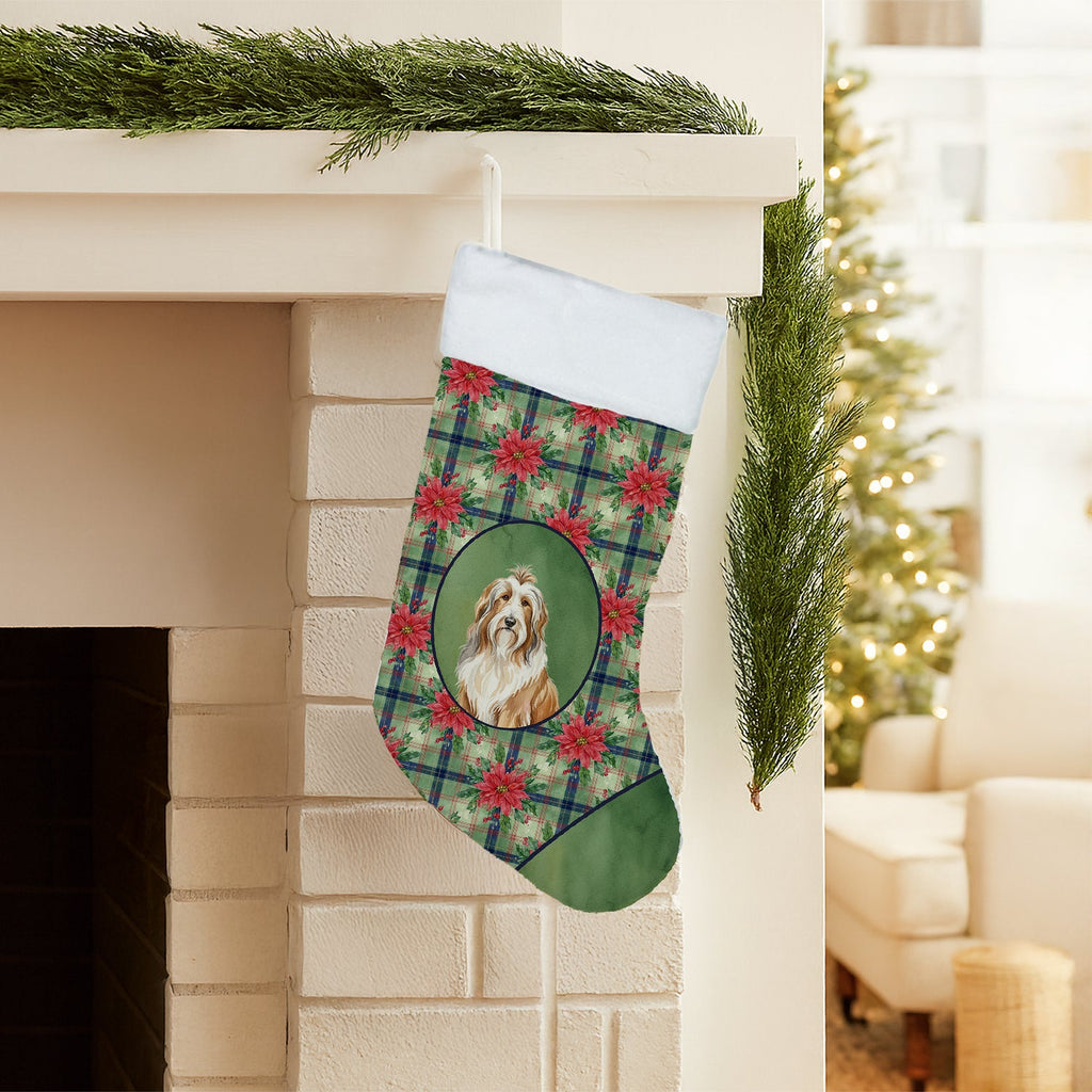 Fawn Bearded Collie Christmas PoinsettIas Holiday Stocking Double-Sided Print, Polyester Suede,11x18, Made in USA