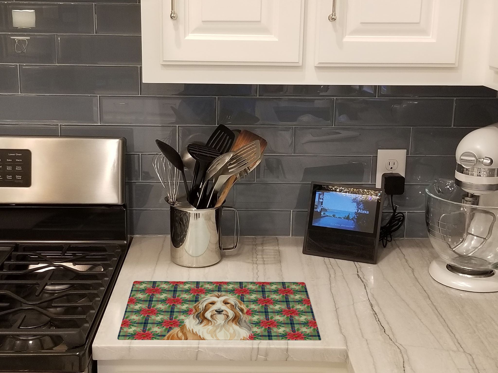 Fawn Bearded Collie Christmas PoinsettIas Cutting Board Tempered Glass Kitchen Cutting Surface, Heat Resistant Chopping, Non-Slip Feet, Food Prep & Serving