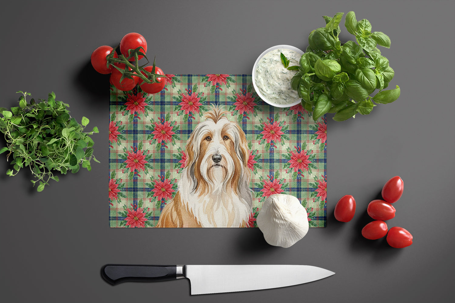 Fawn Bearded Collie Christmas PoinsettIas Cutting Board Tempered Glass Kitchen Cutting Surface, Heat Resistant Chopping, Non-Slip Feet, Food Prep & Serving