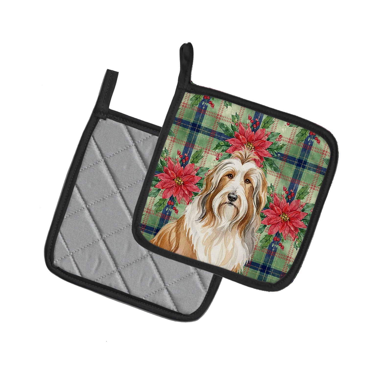 Fawn Bearded Collie Christmas PoinsettIas Pot Holder Set of 2 Heat Resistant Quilted Hot Pads 7.5 x 7.5 Inch, Insulated Kitchen Trivets for Cooking & Baking