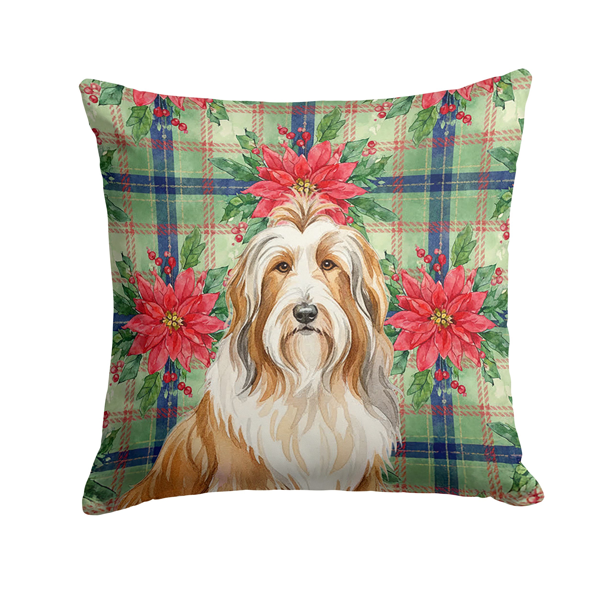 Fawn Bearded Collie Christmas PoinsettIas Decorative Throw Pillow 14x14 Indoor Outdoor Accent Cushion, Fabric Cover with Insert for Sofa, Bed, Porch & Living Room