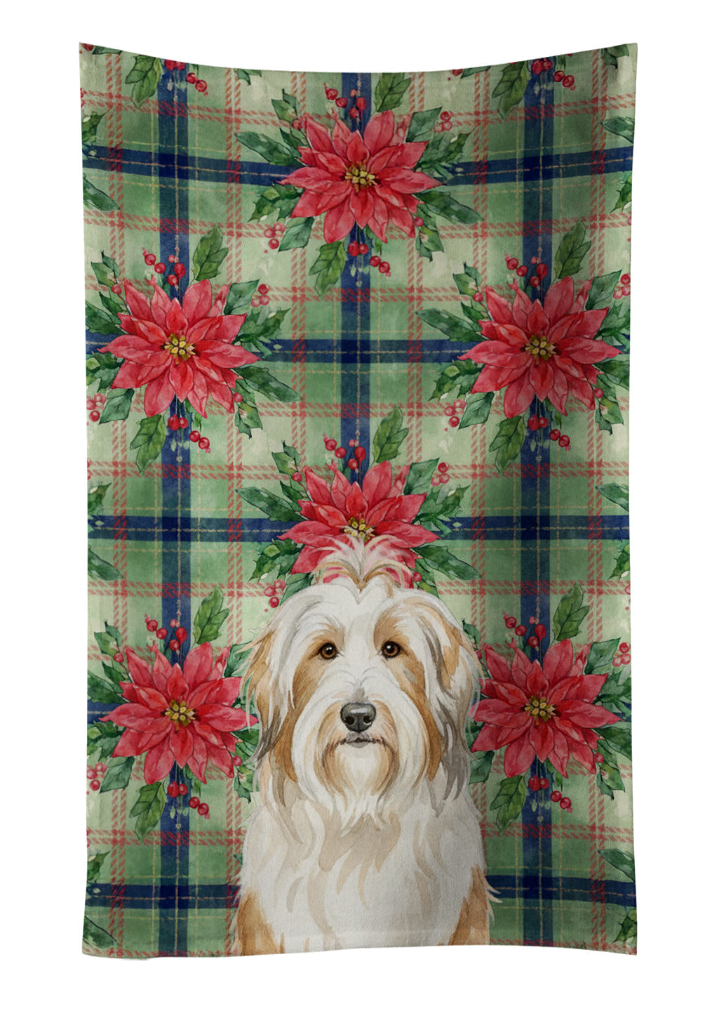 White and Tan Bearded Collie Christmas PoinsettIas Kitchen Towel Velour Plush Front and Cotton Loop Back Machine Washable