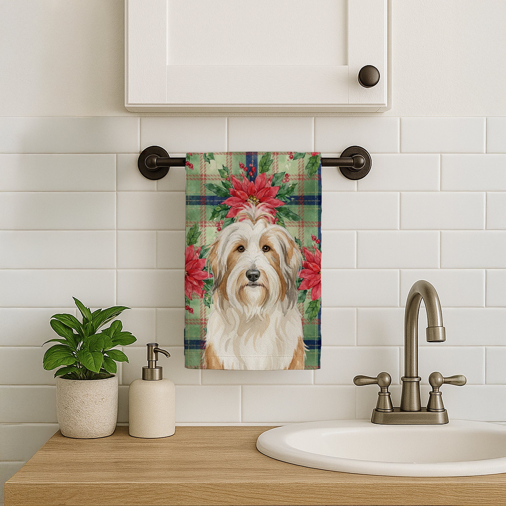 White and Tan Bearded Collie Christmas PoinsettIas Kitchen Towel Velour Plush Front and Cotton Loop Back Machine Washable
