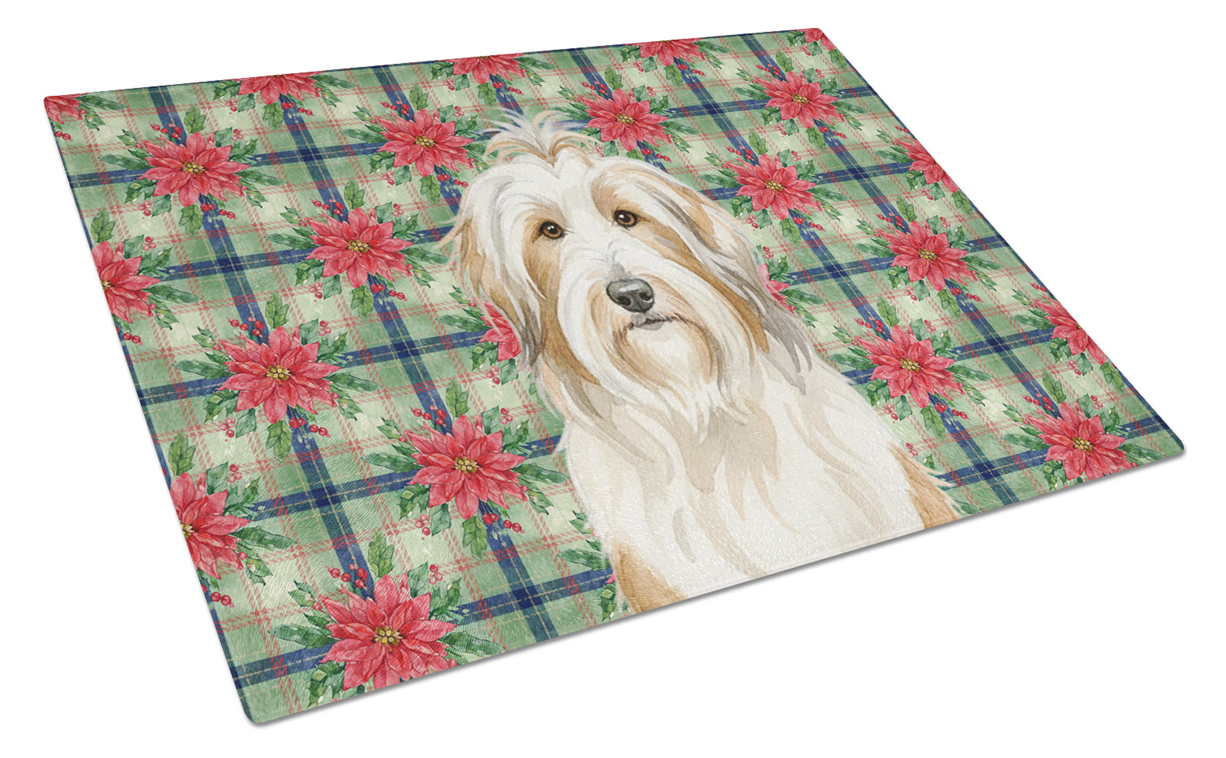 White and Tan Bearded Collie Christmas PoinsettIas Cutting Board Tempered Glass Kitchen Cutting Surface, Heat Resistant Chopping, Non-Slip Feet, Food Prep & Serving
