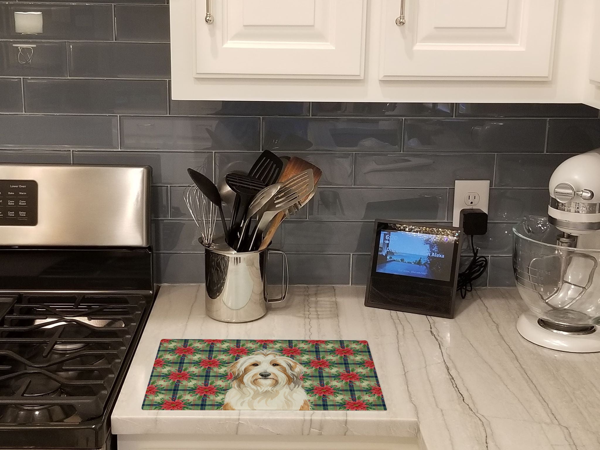 White and Tan Bearded Collie Christmas PoinsettIas Cutting Board Tempered Glass Kitchen Cutting Surface, Heat Resistant Chopping, Non-Slip Feet, Food Prep & Serving