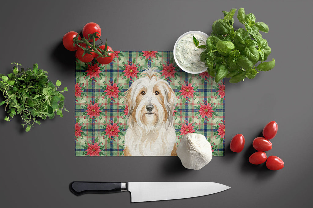 White and Tan Bearded Collie Christmas PoinsettIas Cutting Board Tempered Glass Kitchen Cutting Surface, Heat Resistant Chopping, Non-Slip Feet, Food Prep & Serving
