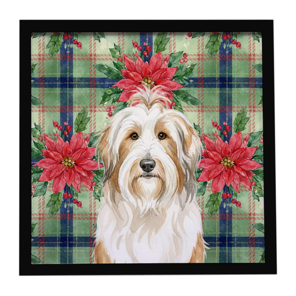 White and Tan Bearded Collie Christmas PoinsettIas Framed Metal Print Bathroom, Kitchen, Office, Home Decor Wall Art Ready to Hang, Square, 8X8