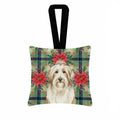 White and Tan Bearded Collie Christmas PoinsettIas Hanging Square Fabric Ornament 3.5 � 3.5 Decorative Door-Knob & Tree Hanger, Soft Fabric