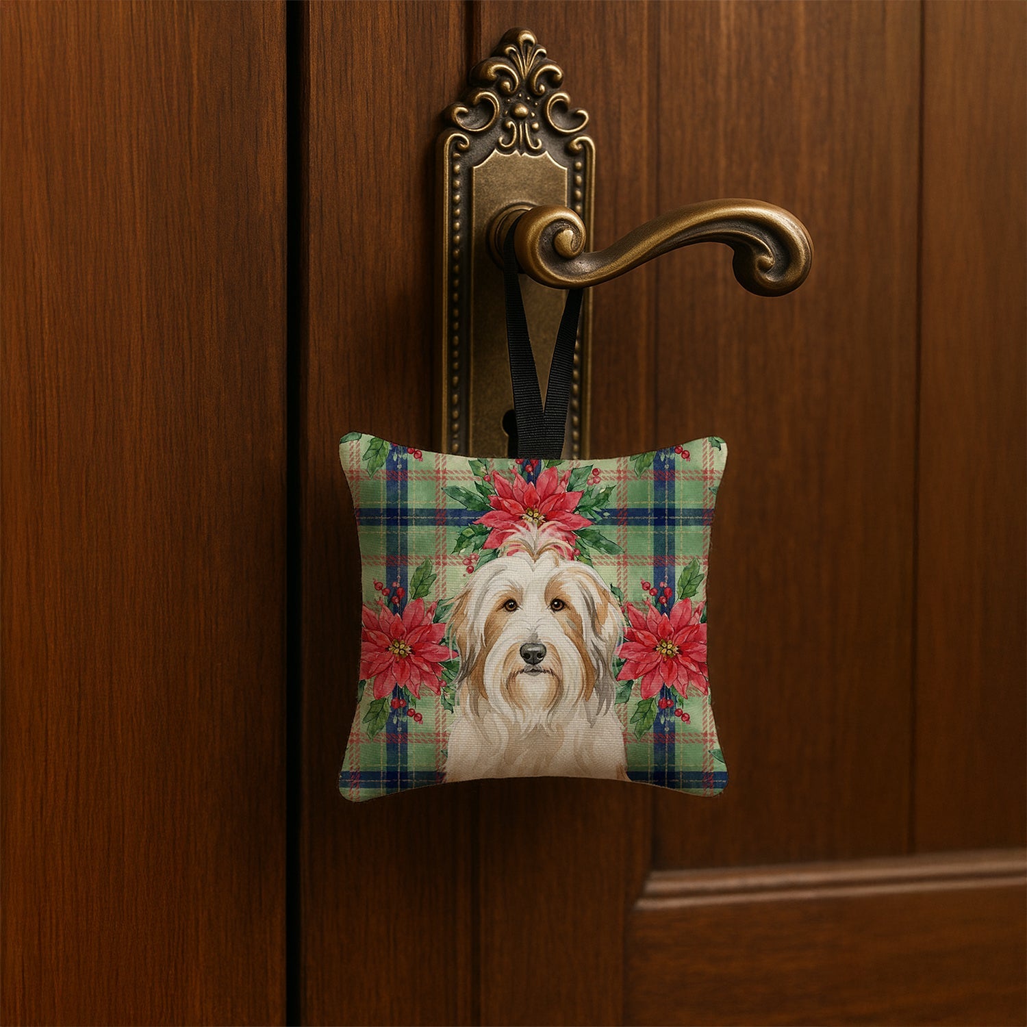 White and Tan Bearded Collie Christmas PoinsettIas Hanging Square Fabric Ornament 3.5 � 3.5 Decorative Door-Knob & Tree Hanger, Soft Fabric