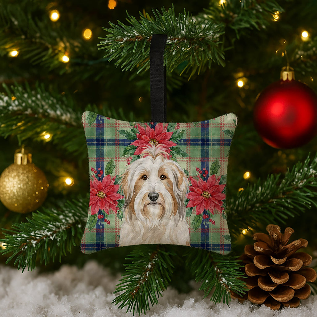 White and Tan Bearded Collie Christmas PoinsettIas Hanging Square Fabric Ornament 3.5 � 3.5 Decorative Door-Knob & Tree Hanger, Soft Fabric
