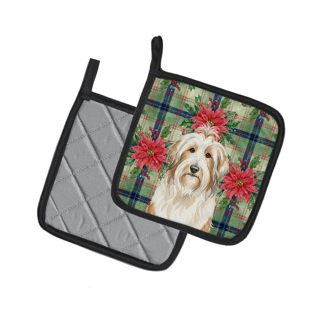 White and Tan Bearded Collie Christmas PoinsettIas Pot Holder Set of 2 Heat Resistant Quilted Hot Pads 7.5 x 7.5 Inch, Insulated Kitchen Trivets for Cooking & Baking