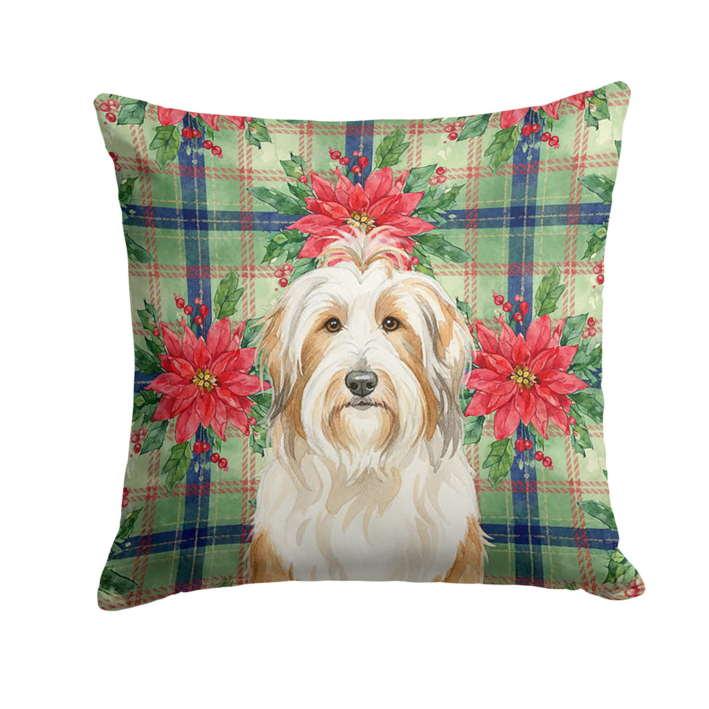 White and Tan Bearded Collie Christmas PoinsettIas Decorative Throw Pillow 14x14 Indoor Outdoor Accent Cushion, Fabric Cover with Insert for Sofa, Bed, Porch & Living Room