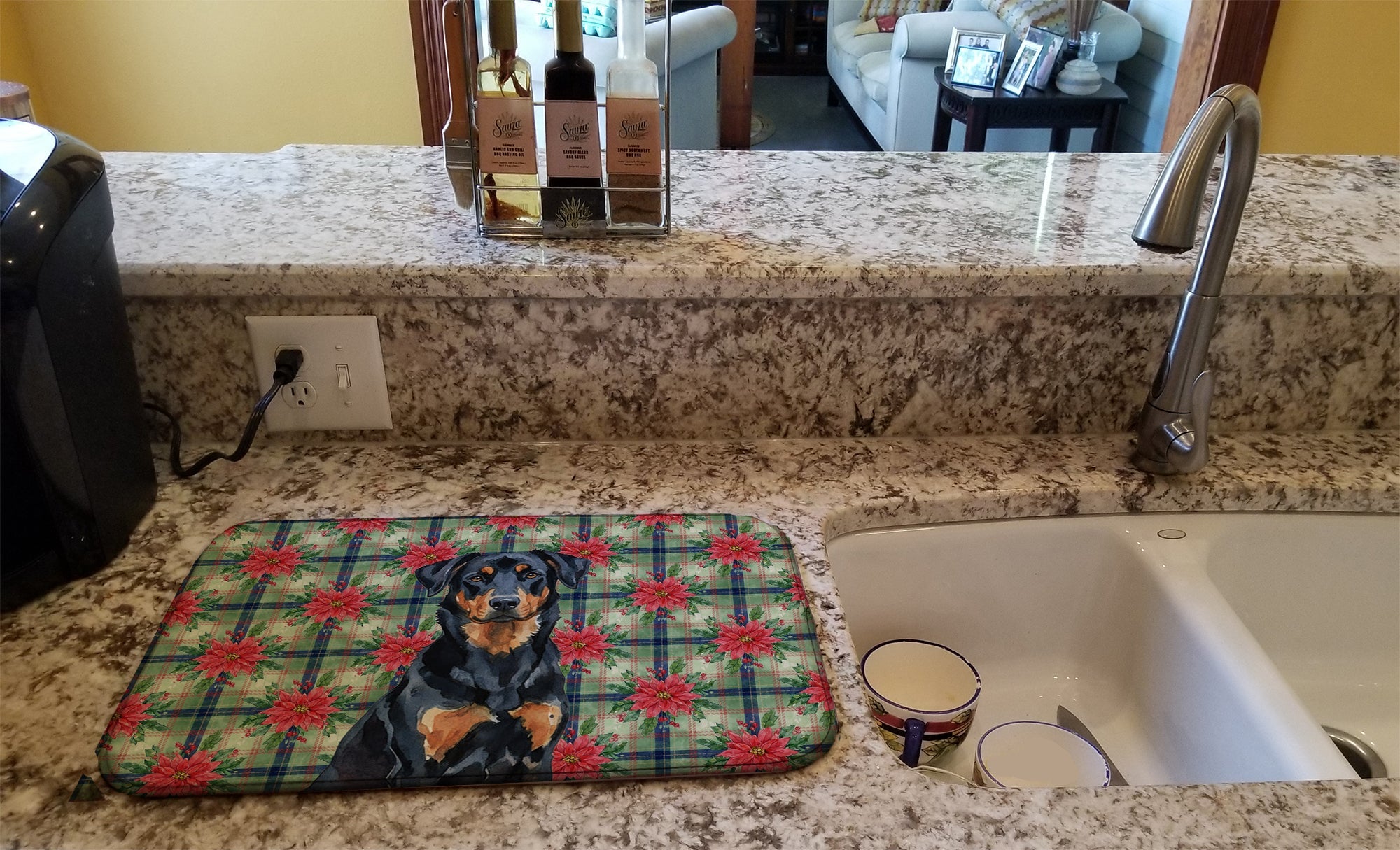 Beauceron Christmas PoinsettIas Dish Drying Mat Absorbent Dish Drying Mat Pad for Kitchen Counter Dish Drainer Mat for Countertop, 14 x 21", Multicolor