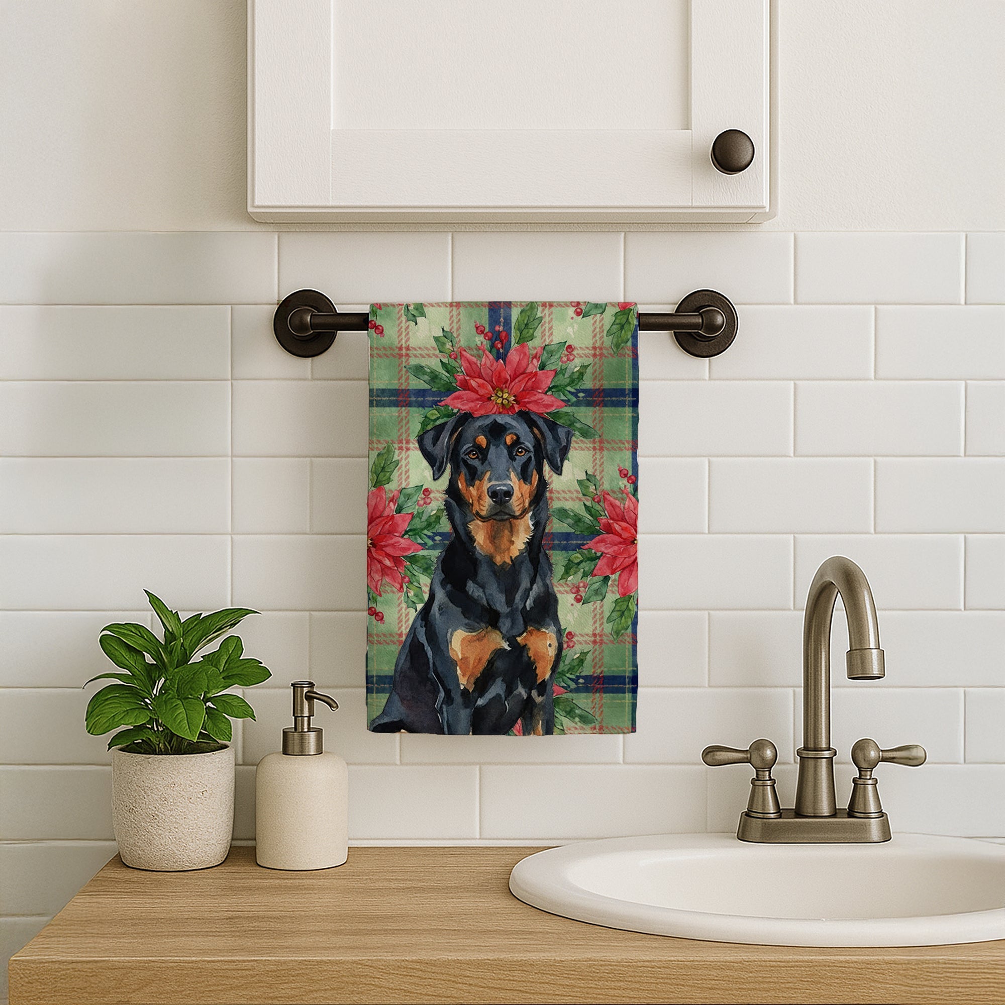 Beauceron Christmas PoinsettIas Kitchen Towel Velour Plush Front and Cotton Loop Back Machine Washable