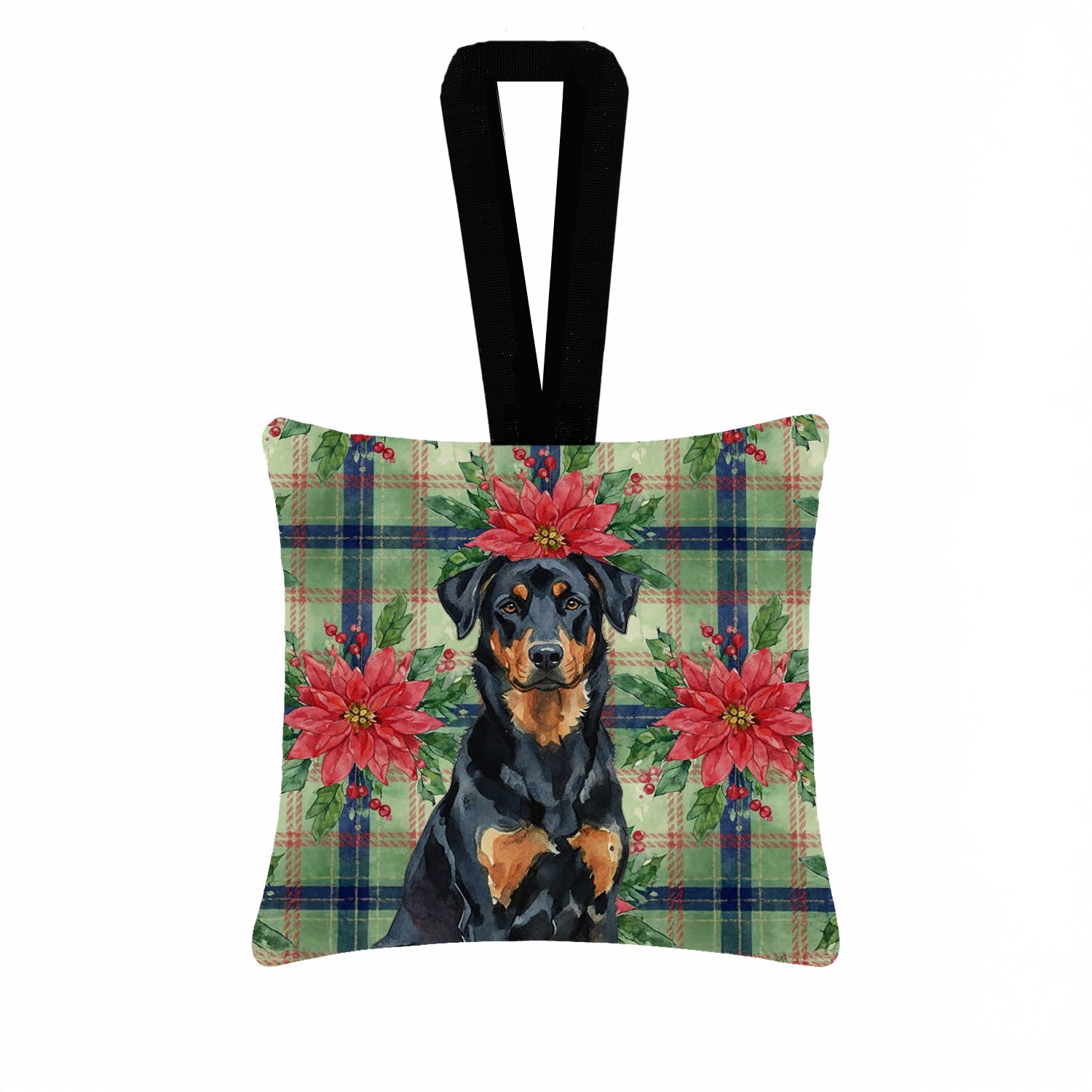 Beauceron Christmas PoinsettIas Hanging Square Fabric Ornament 3.5 � 3.5 Decorative Door-Knob & Tree Hanger, Soft Fabric