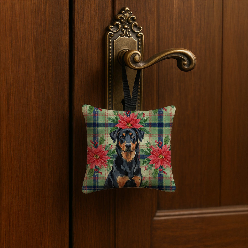 Beauceron Christmas PoinsettIas Hanging Square Fabric Ornament 3.5 � 3.5 Decorative Door-Knob & Tree Hanger, Soft Fabric
