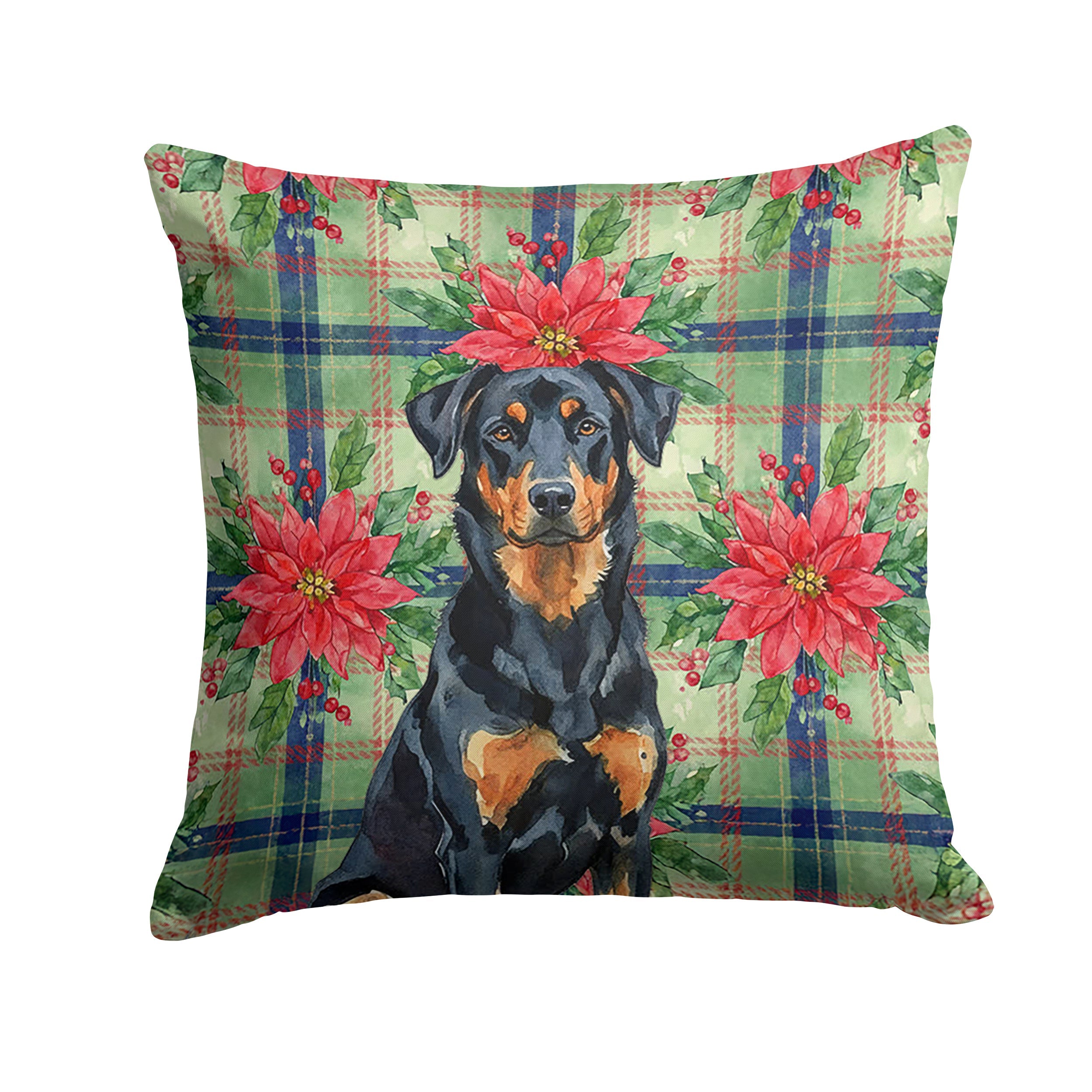 Beauceron Christmas PoinsettIas Decorative Throw Pillow 14x14 Indoor Outdoor Accent Cushion, Fabric Cover with Insert for Sofa, Bed, Porch & Living Room