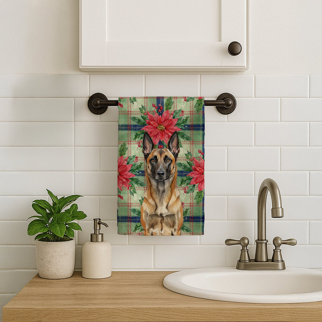 Belgian Malinois Christmas PoinsettIas Kitchen Towel Velour Plush Front and Cotton Loop Back Machine Washable