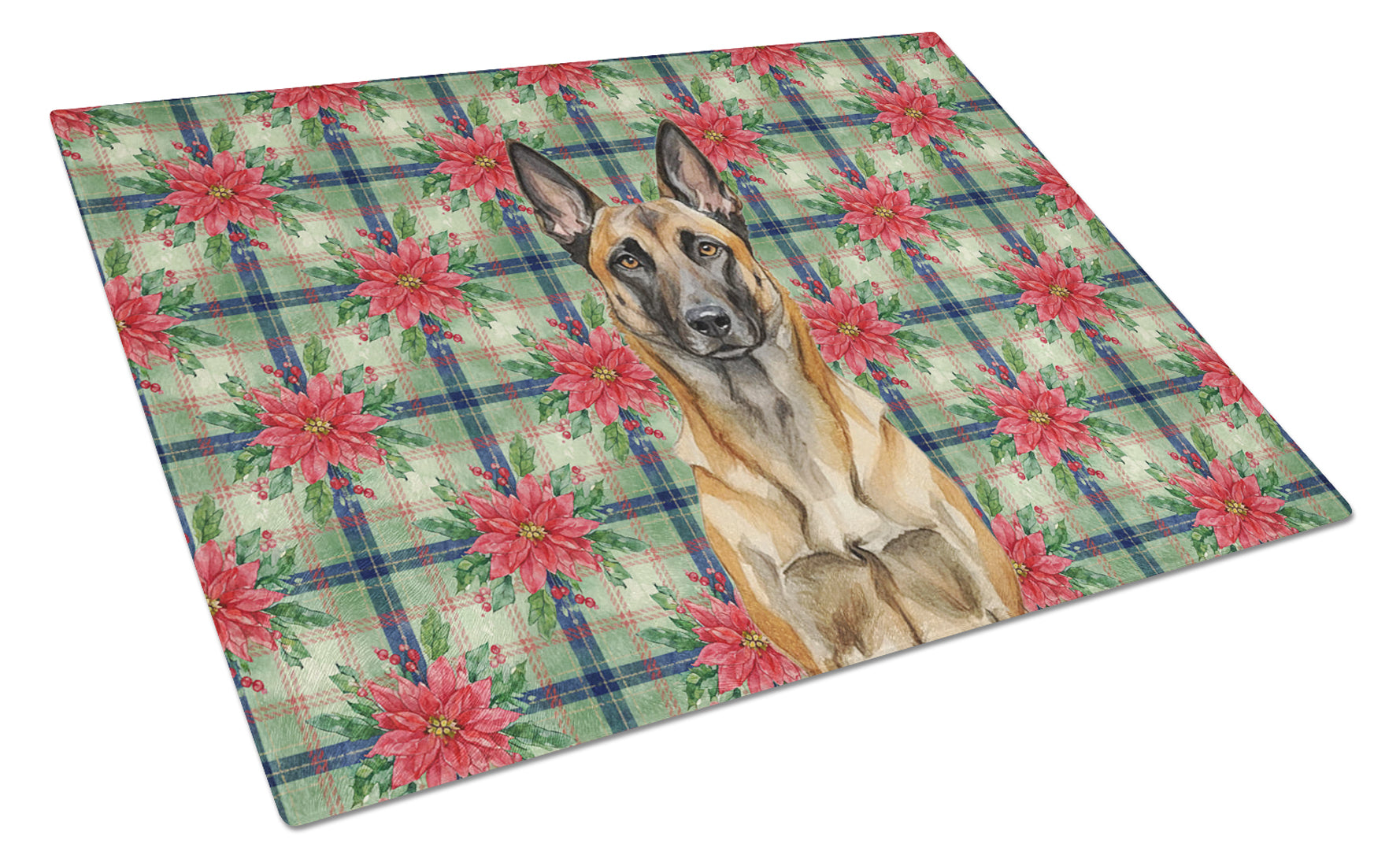 Belgian Malinois Christmas PoinsettIas Cutting Board Tempered Glass Kitchen Cutting Surface, Heat Resistant Chopping, Non-Slip Feet, Food Prep & Serving