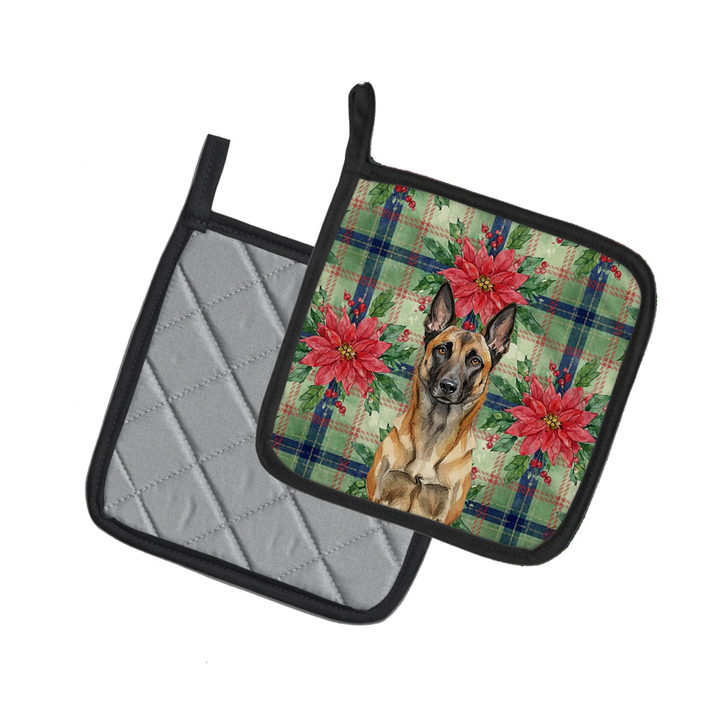 Belgian Malinois Christmas PoinsettIas Pot Holder Set of 2 Heat Resistant Quilted Hot Pads 7.5 x 7.5 Inch, Insulated Kitchen Trivets for Cooking & Baking
