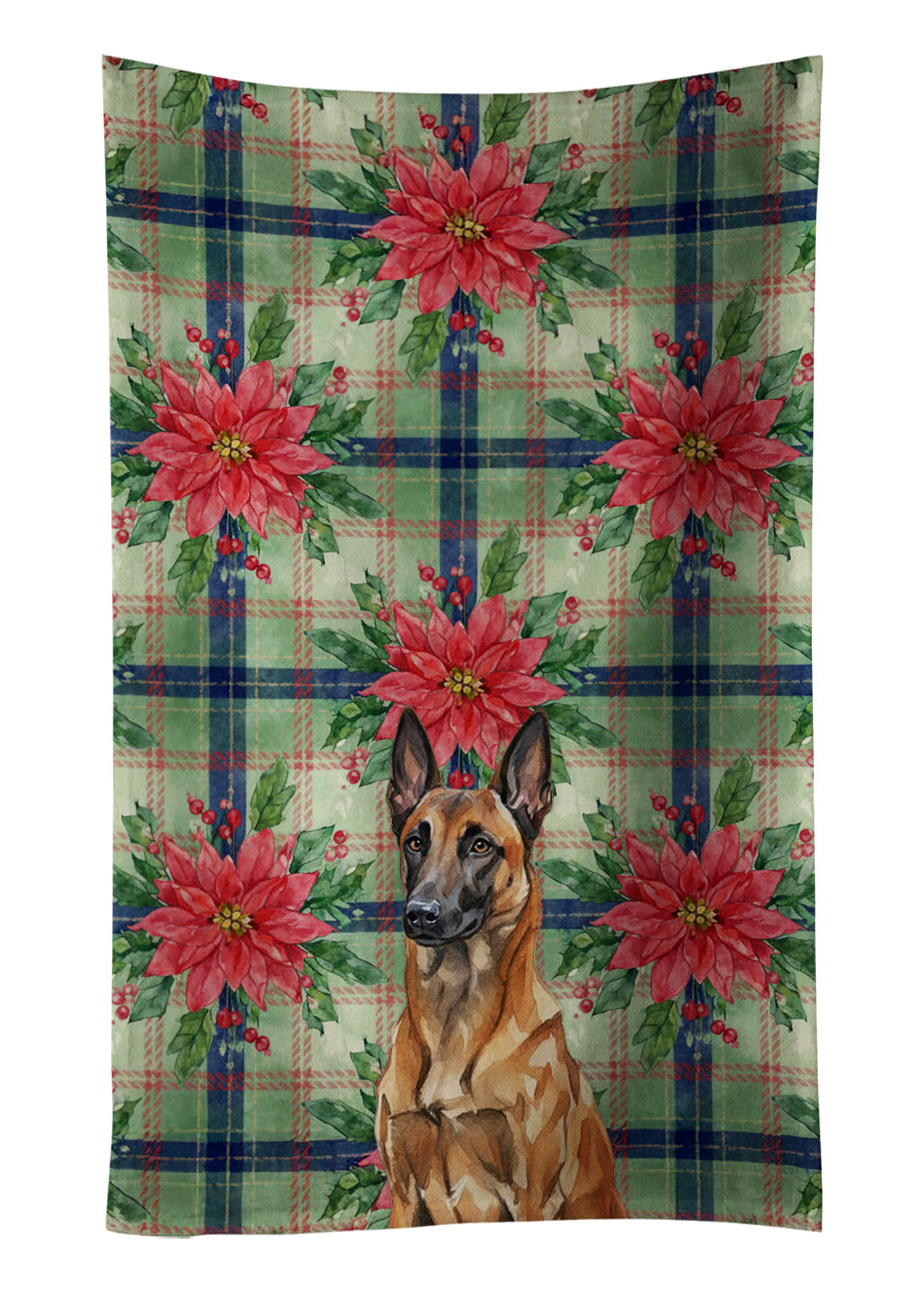 Mahogany Belgian Malinois Christmas PoinsettIas Kitchen Towel Velour Plush Front and Cotton Loop Back Machine Washable
