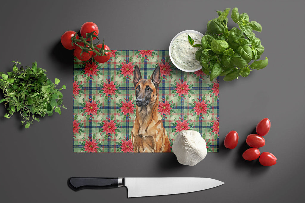 Mahogany Belgian Malinois Christmas PoinsettIas Cutting Board Tempered Glass Kitchen Cutting Surface, Heat Resistant Chopping, Non-Slip Feet, Food Prep & Serving