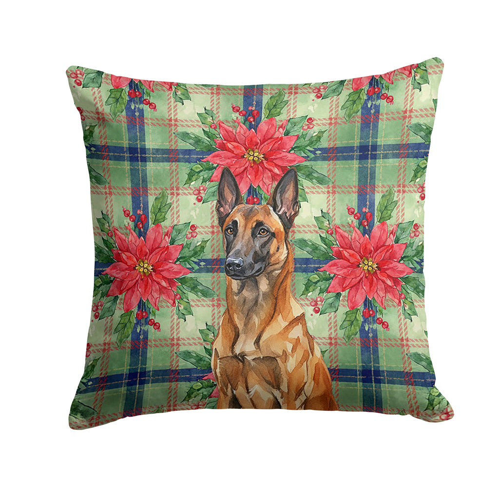Mahogany Belgian Malinois Christmas PoinsettIas Decorative Throw Pillow 14x14 Indoor Outdoor Accent Cushion, Fabric Cover with Insert for Sofa, Bed, Porch & Living Room