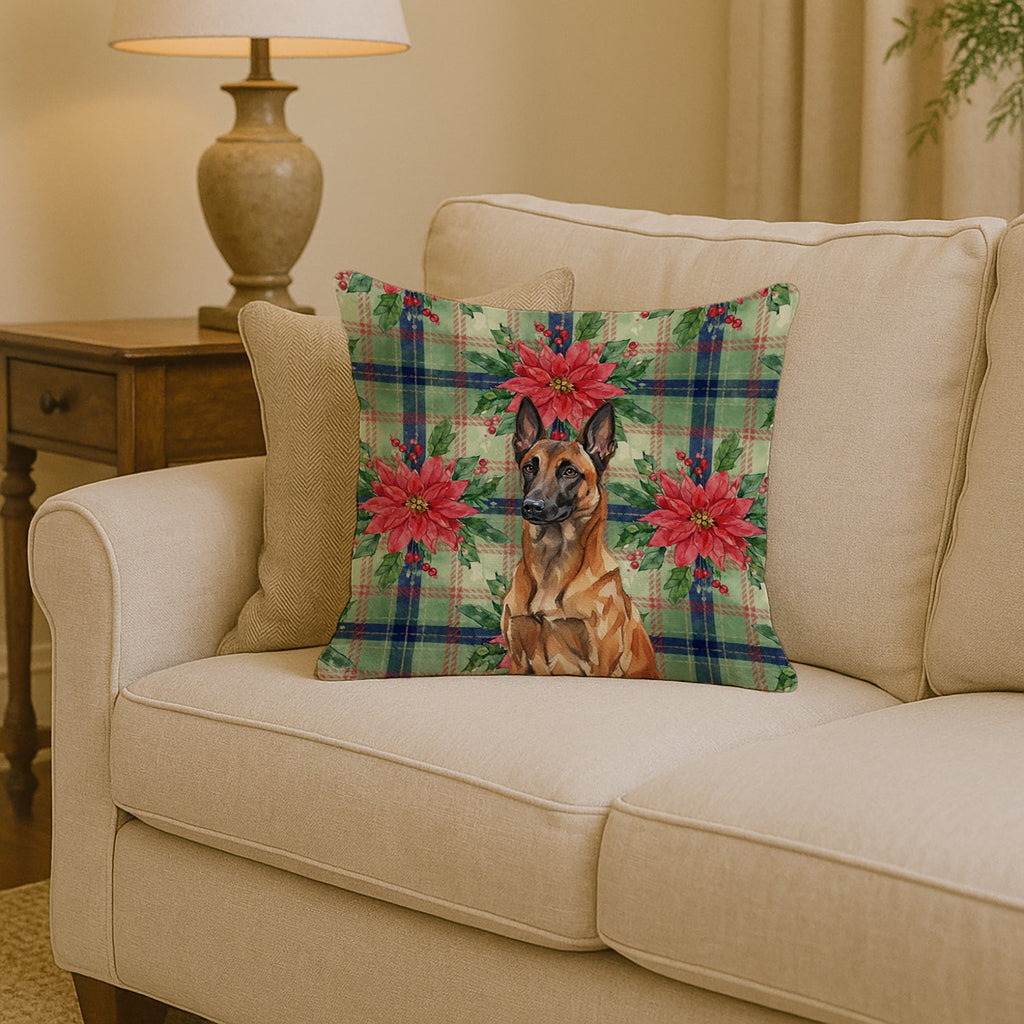 Mahogany Belgian Malinois Christmas PoinsettIas Decorative Throw Pillow 14x14 Indoor Outdoor Accent Cushion, Fabric Cover with Insert for Sofa, Bed, Porch & Living Room