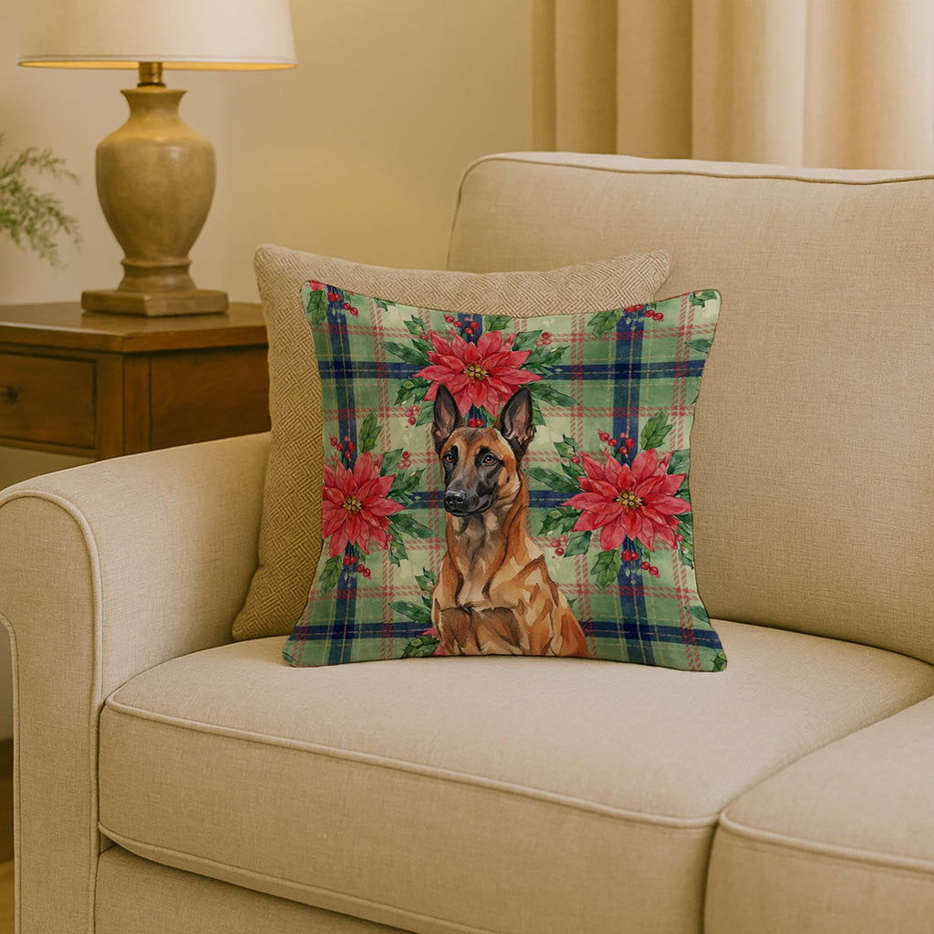 Mahogany Belgian Malinois Christmas PoinsettIas Decorative Throw Pillow 18x18 Indoor Outdoor Accent Cushion, Fabric Cover with Insert for Sofa, Bed, Porch & Living Room
