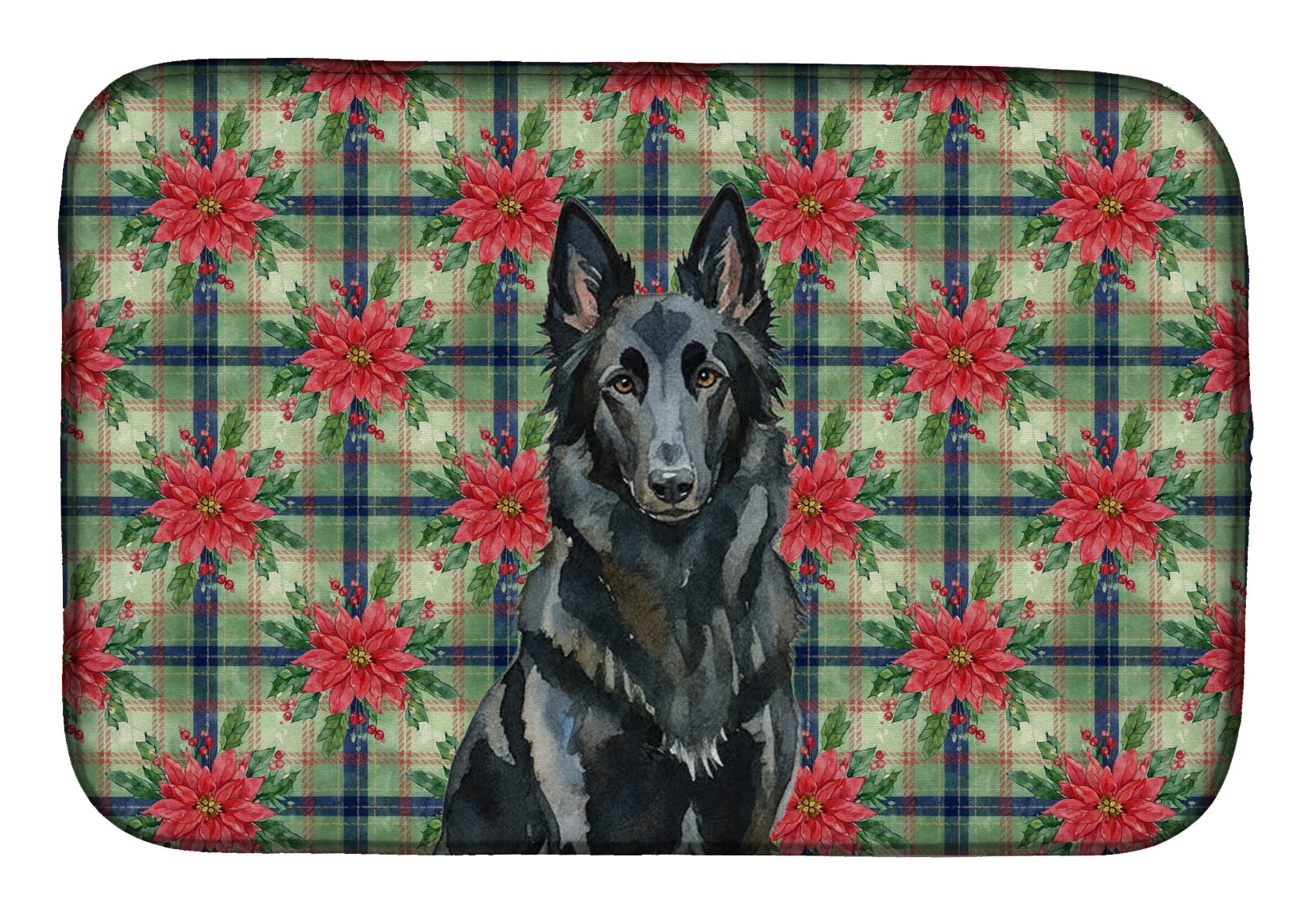 Belgian Sheepdog Groenendael Christmas PoinsettIas Dish Drying Mat Absorbent Dish Drying Mat Pad for Kitchen Counter Dish Drainer Mat for Countertop, 14 x 21", Multicolor