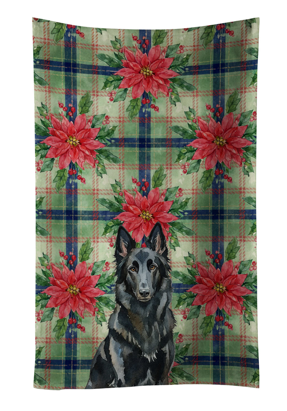 Belgian Sheepdog Groenendael Christmas PoinsettIas Kitchen Towel Velour Plush Front and Cotton Loop Back Machine Washable