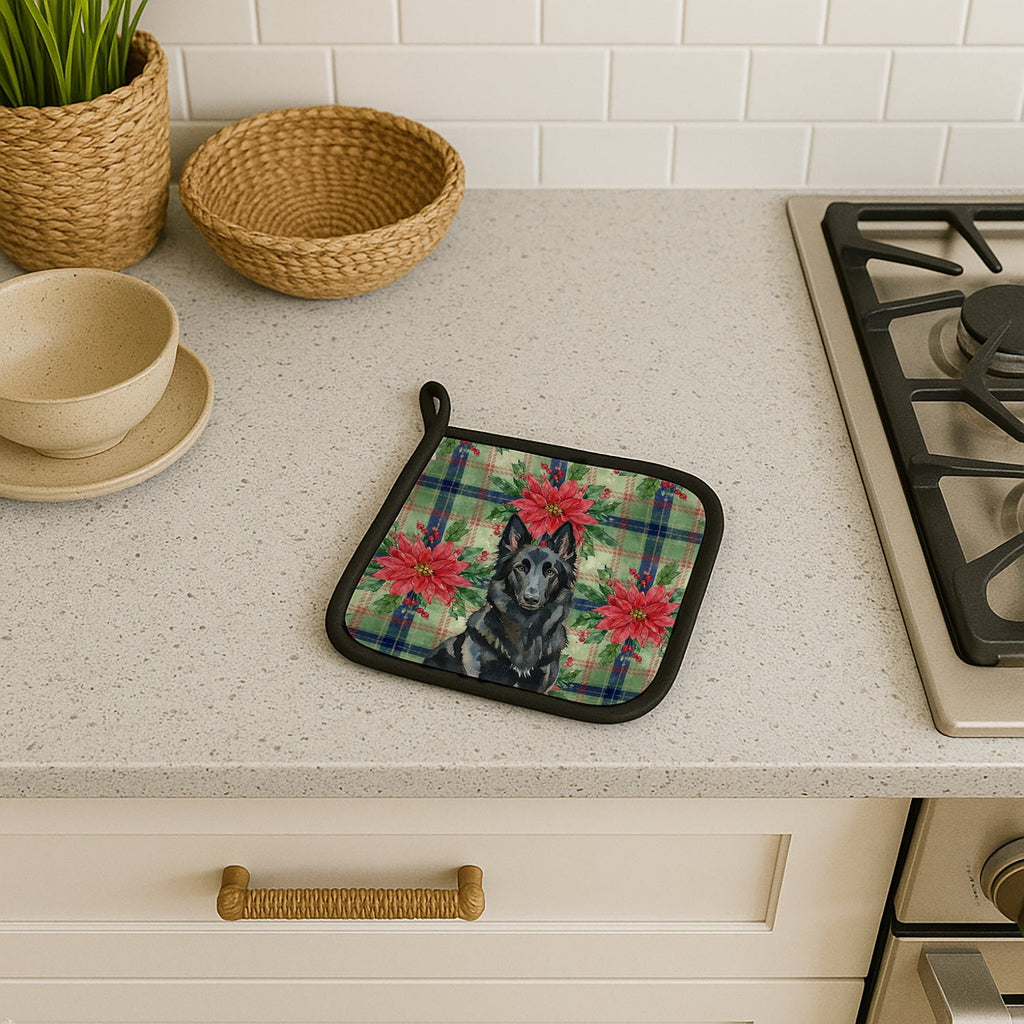 Belgian Sheepdog Groenendael Christmas PoinsettIas Pot Holder Set of 2 Heat Resistant Quilted Hot Pads 7.5 x 7.5 Inch, Insulated Kitchen Trivets for Cooking & Baking