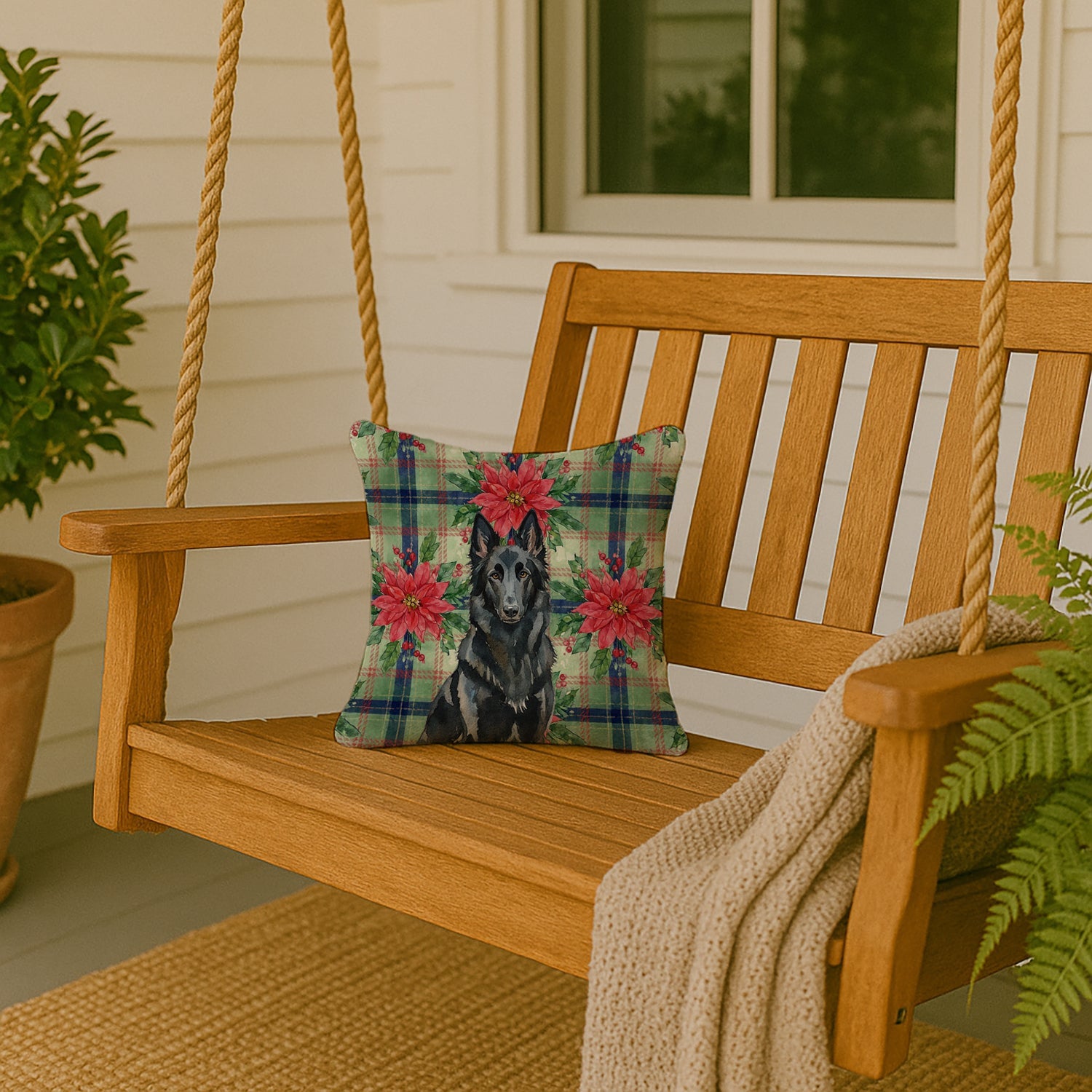 Belgian Sheepdog Groenendael Christmas PoinsettIas Decorative Throw Pillow 14x14 Indoor Outdoor Accent Cushion, Fabric Cover with Insert for Sofa, Bed, Porch & Living Room