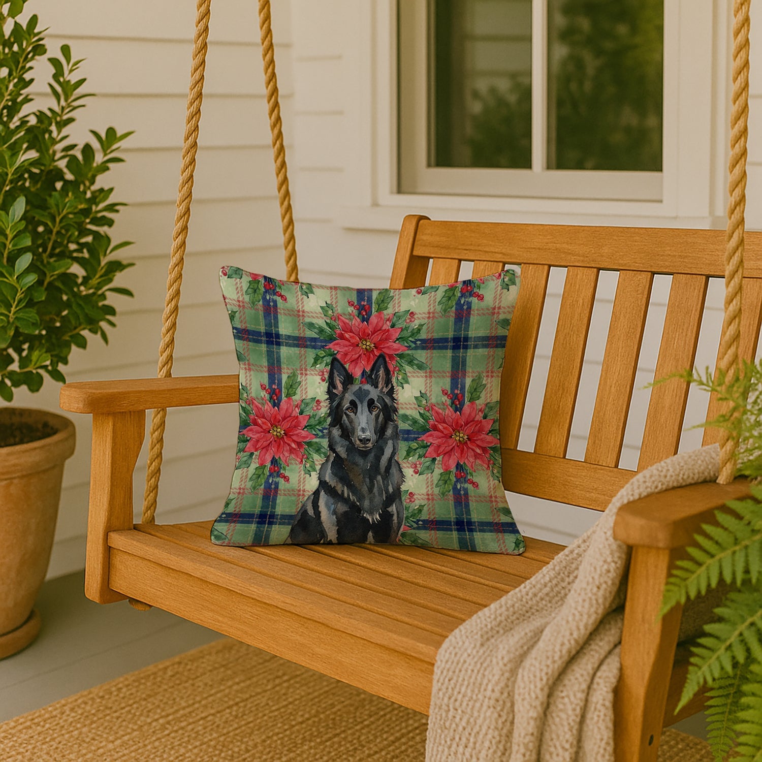Belgian Sheepdog Groenendael Christmas PoinsettIas Decorative Throw Pillow 18x18 Indoor Outdoor Accent Cushion, Fabric Cover with Insert for Sofa, Bed, Porch & Living Room