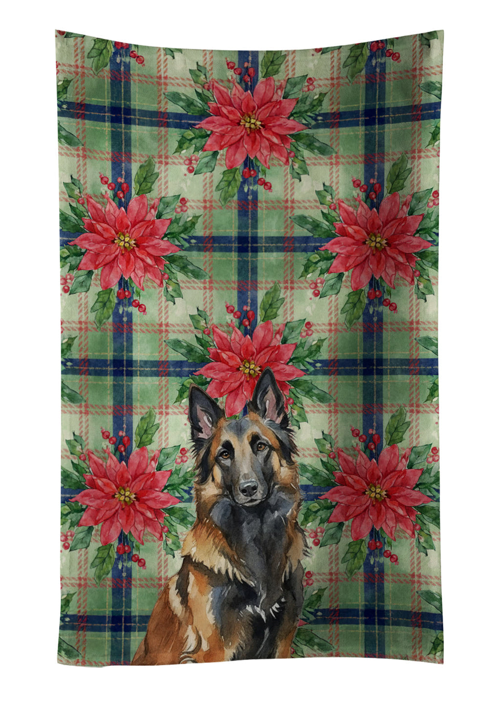 Belgian Tervuren Christmas PoinsettIas Kitchen Towel Velour Plush Front and Cotton Loop Back Machine Washable