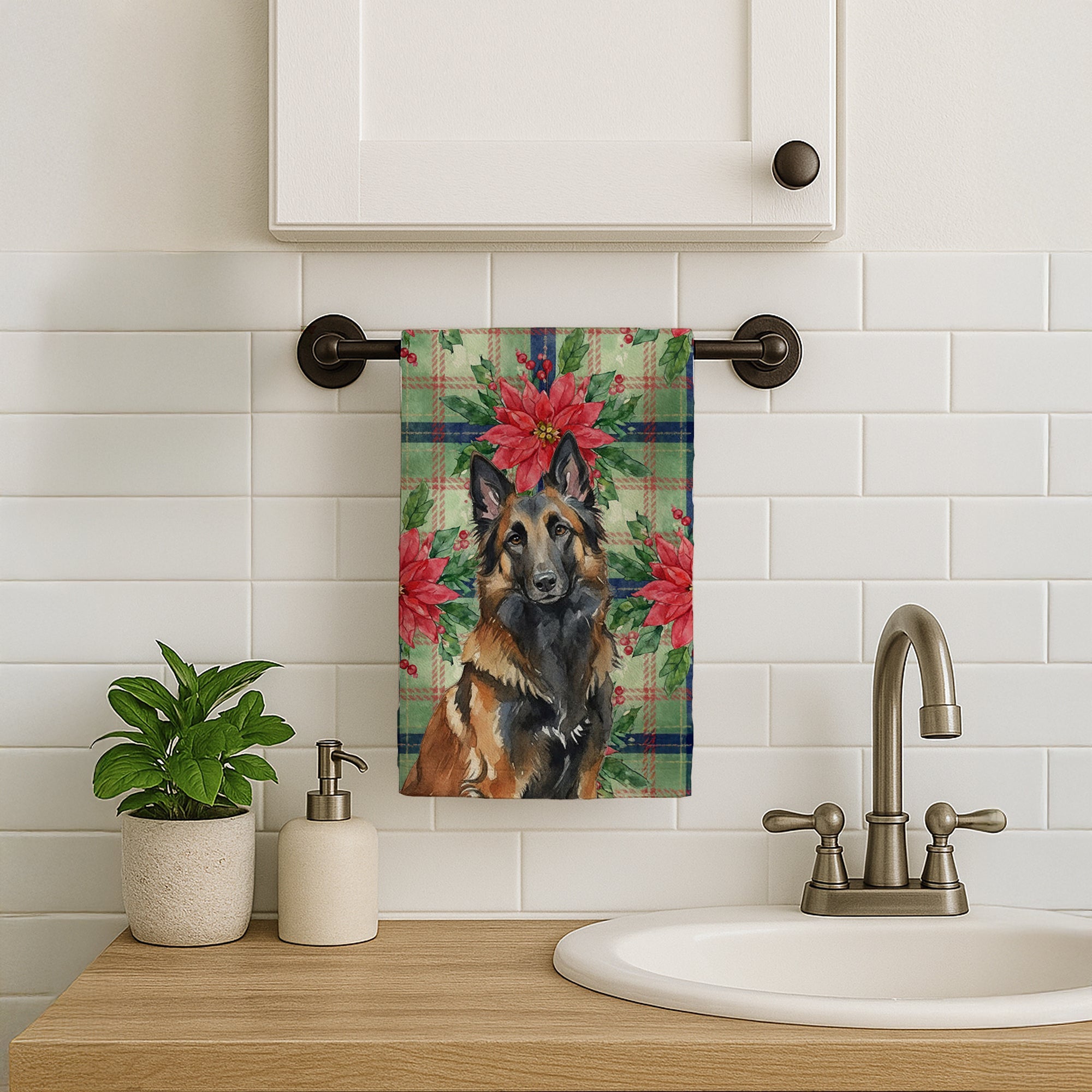 Belgian Tervuren Christmas PoinsettIas Kitchen Towel Velour Plush Front and Cotton Loop Back Machine Washable