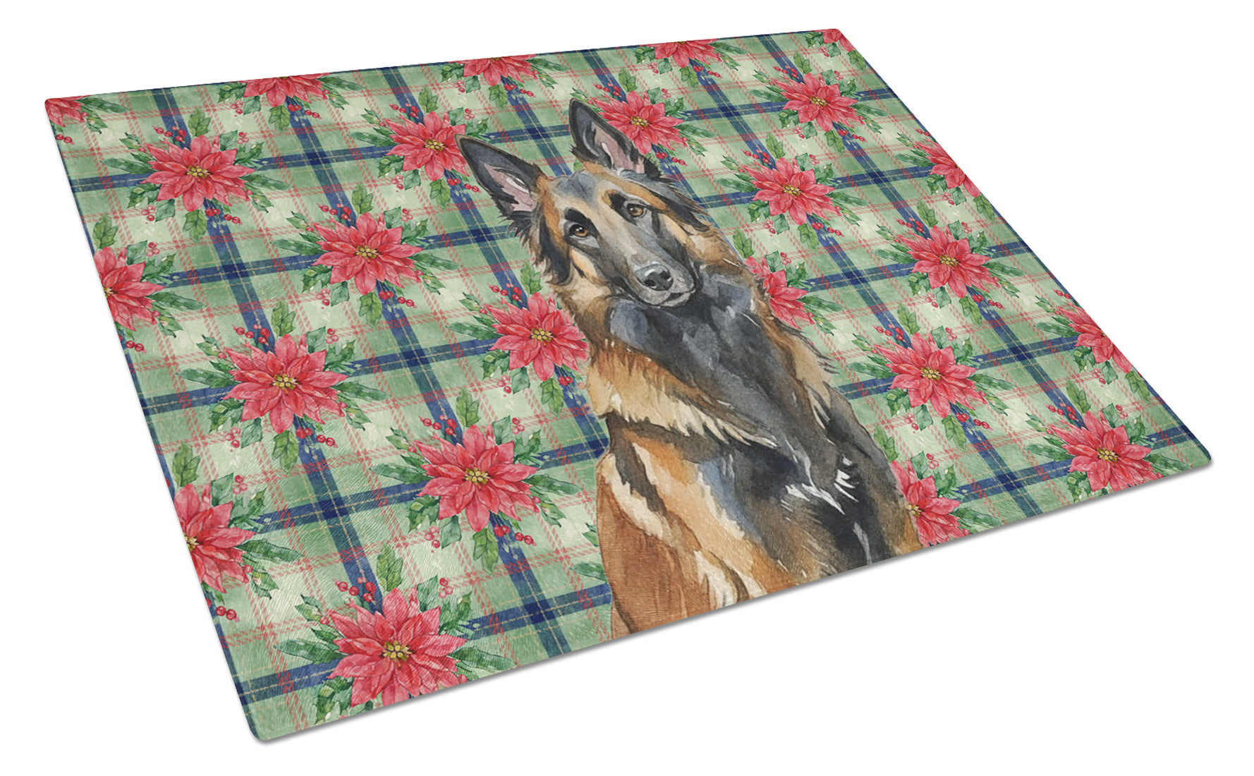 Belgian Tervuren Christmas PoinsettIas Cutting Board Tempered Glass Kitchen Cutting Surface, Heat Resistant Chopping, Non-Slip Feet, Food Prep & Serving