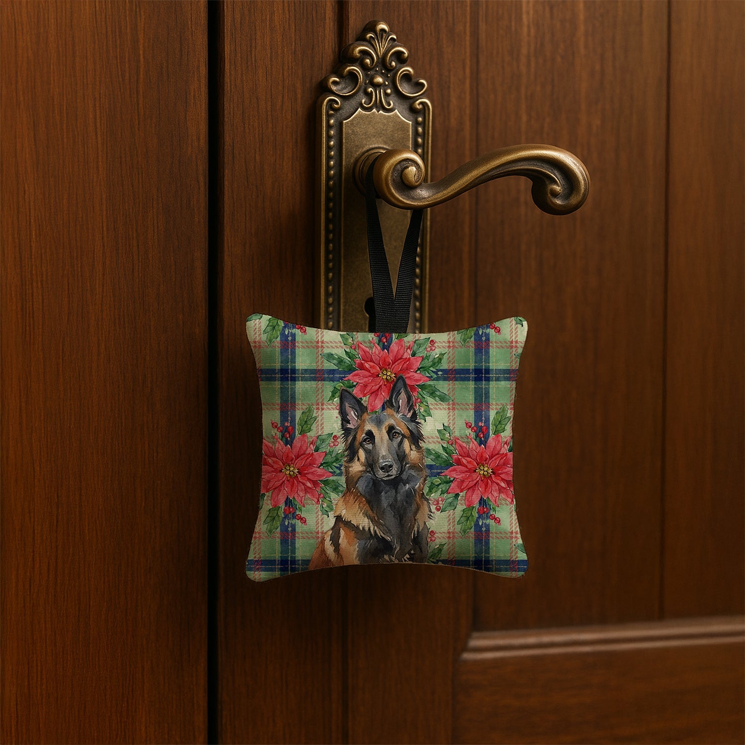 Belgian Tervuren Christmas PoinsettIas Hanging Square Fabric Ornament 3.5 � 3.5 Decorative Door-Knob & Tree Hanger, Soft Fabric
