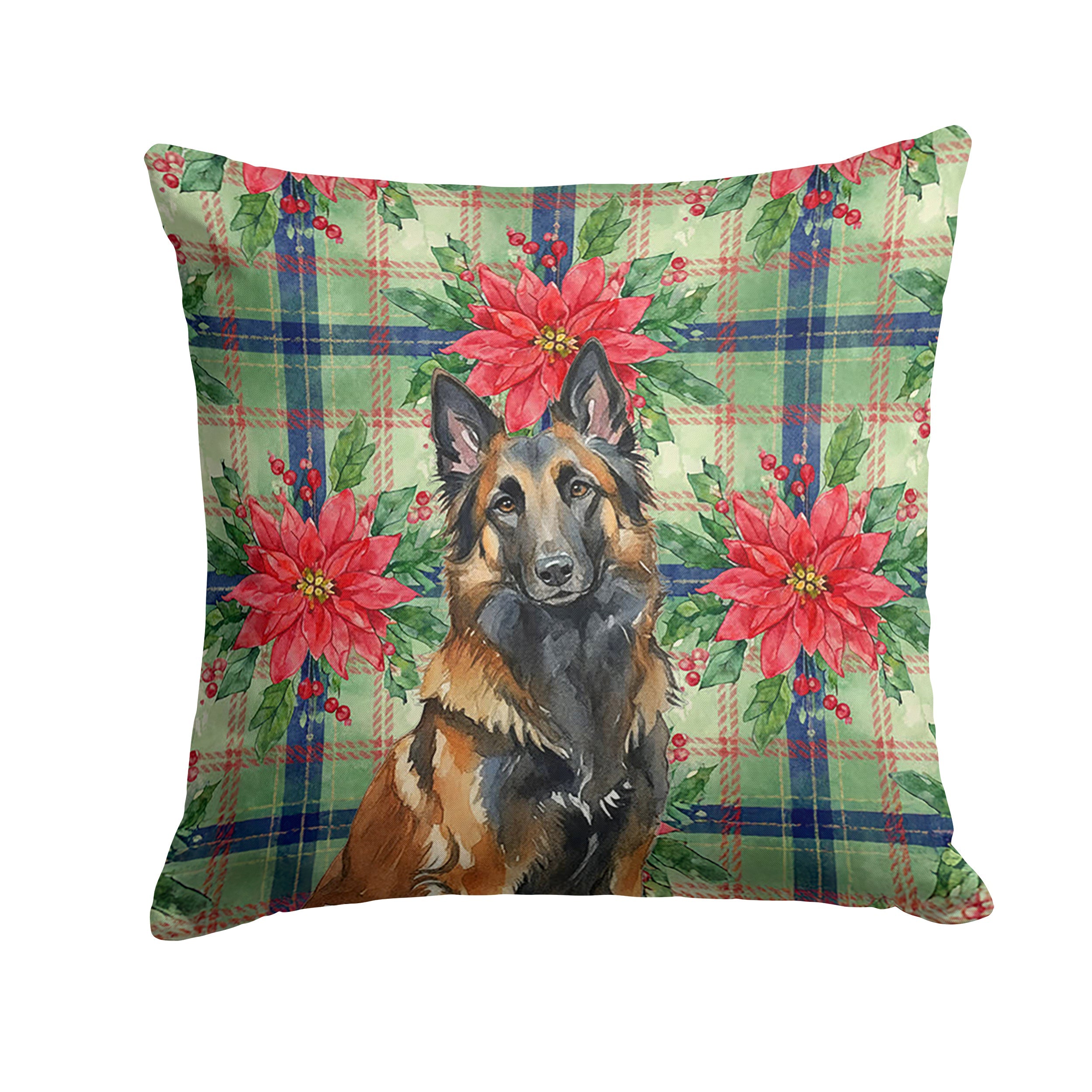 Belgian Tervuren Christmas PoinsettIas Decorative Throw Pillow 14x14 Indoor Outdoor Accent Cushion, Fabric Cover with Insert for Sofa, Bed, Porch & Living Room