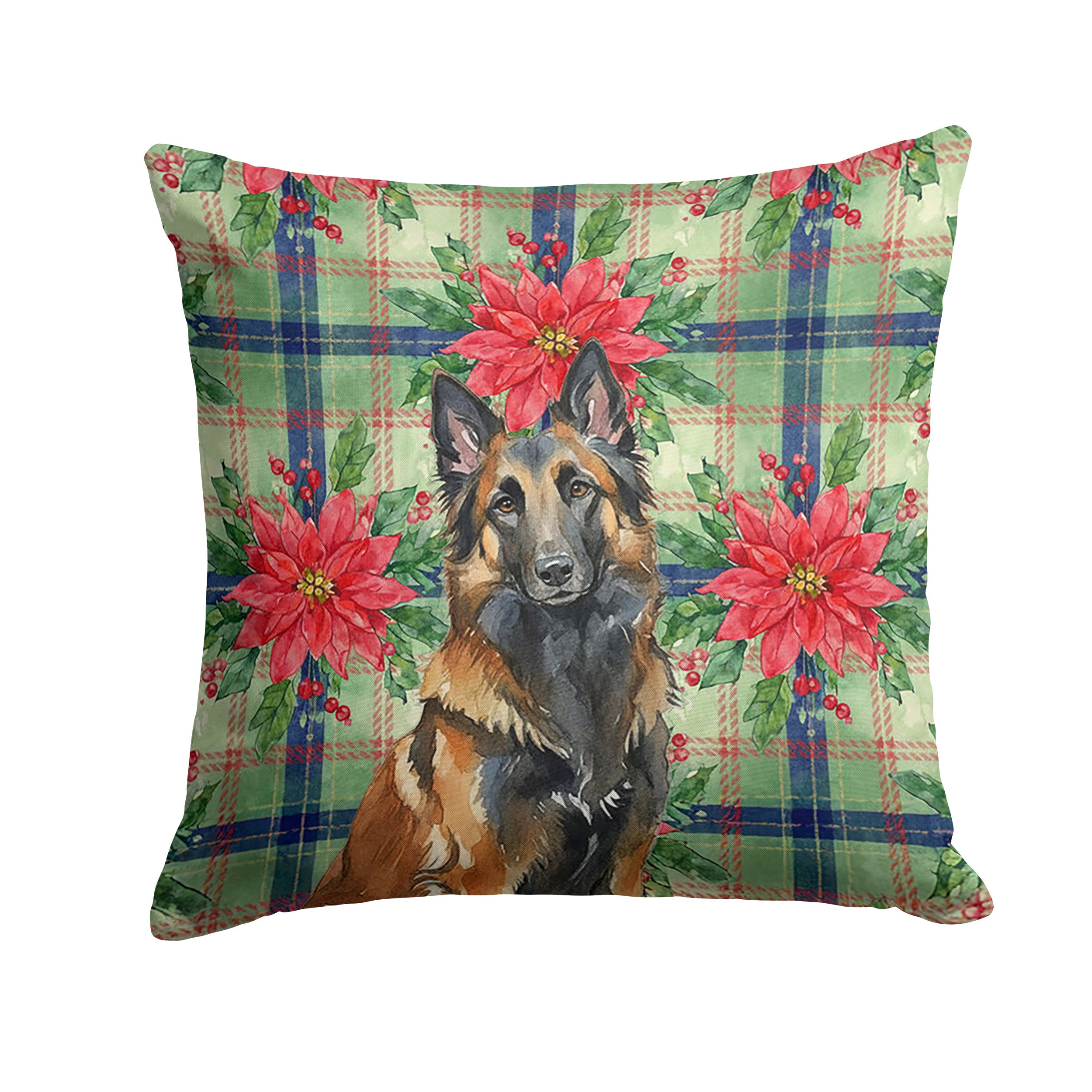 Belgian Tervuren Christmas PoinsettIas Decorative Throw Pillow 18x18 Indoor Outdoor Accent Cushion, Fabric Cover with Insert for Sofa, Bed, Porch & Living Room