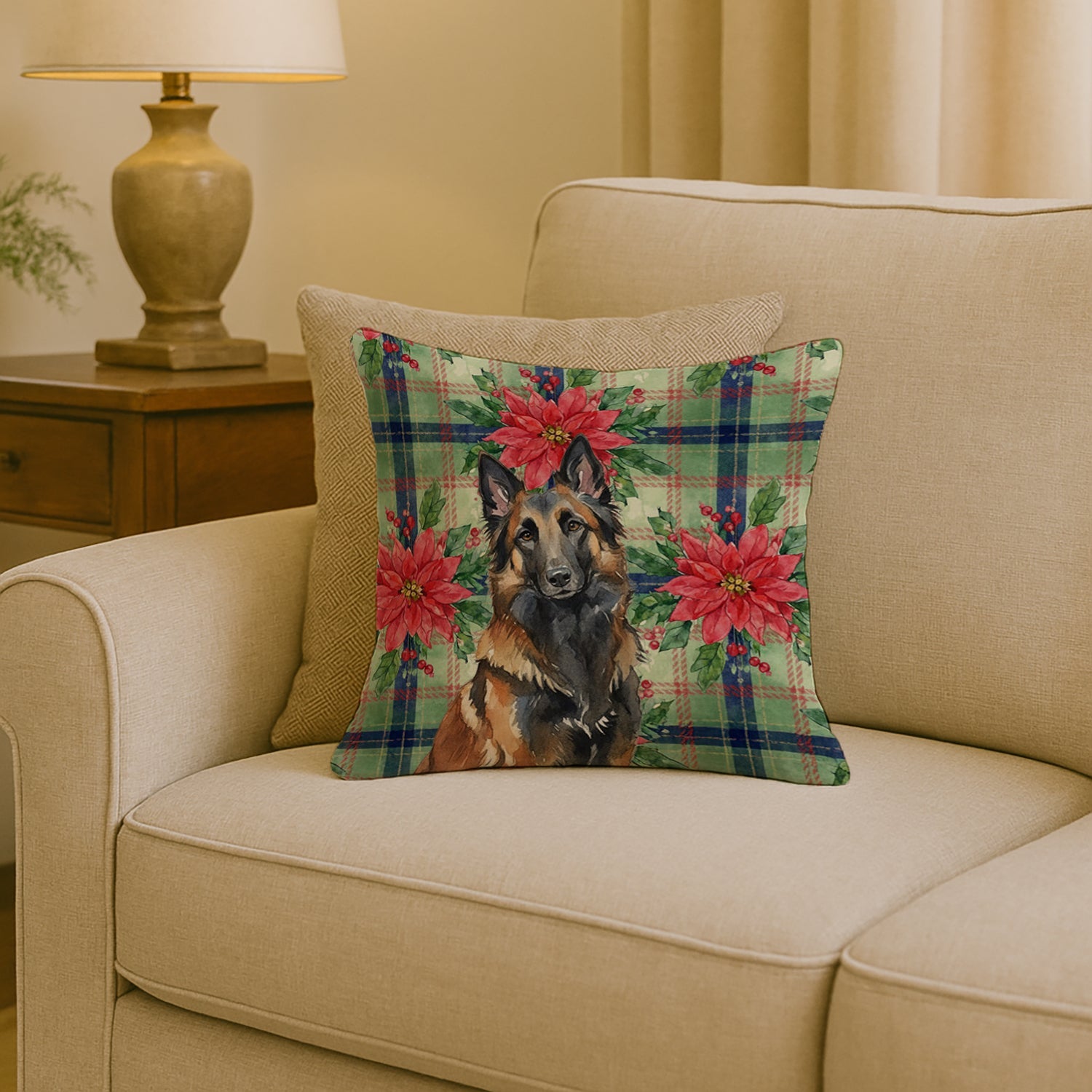 Belgian Tervuren Christmas PoinsettIas Decorative Throw Pillow 18x18 Indoor Outdoor Accent Cushion, Fabric Cover with Insert for Sofa, Bed, Porch & Living Room