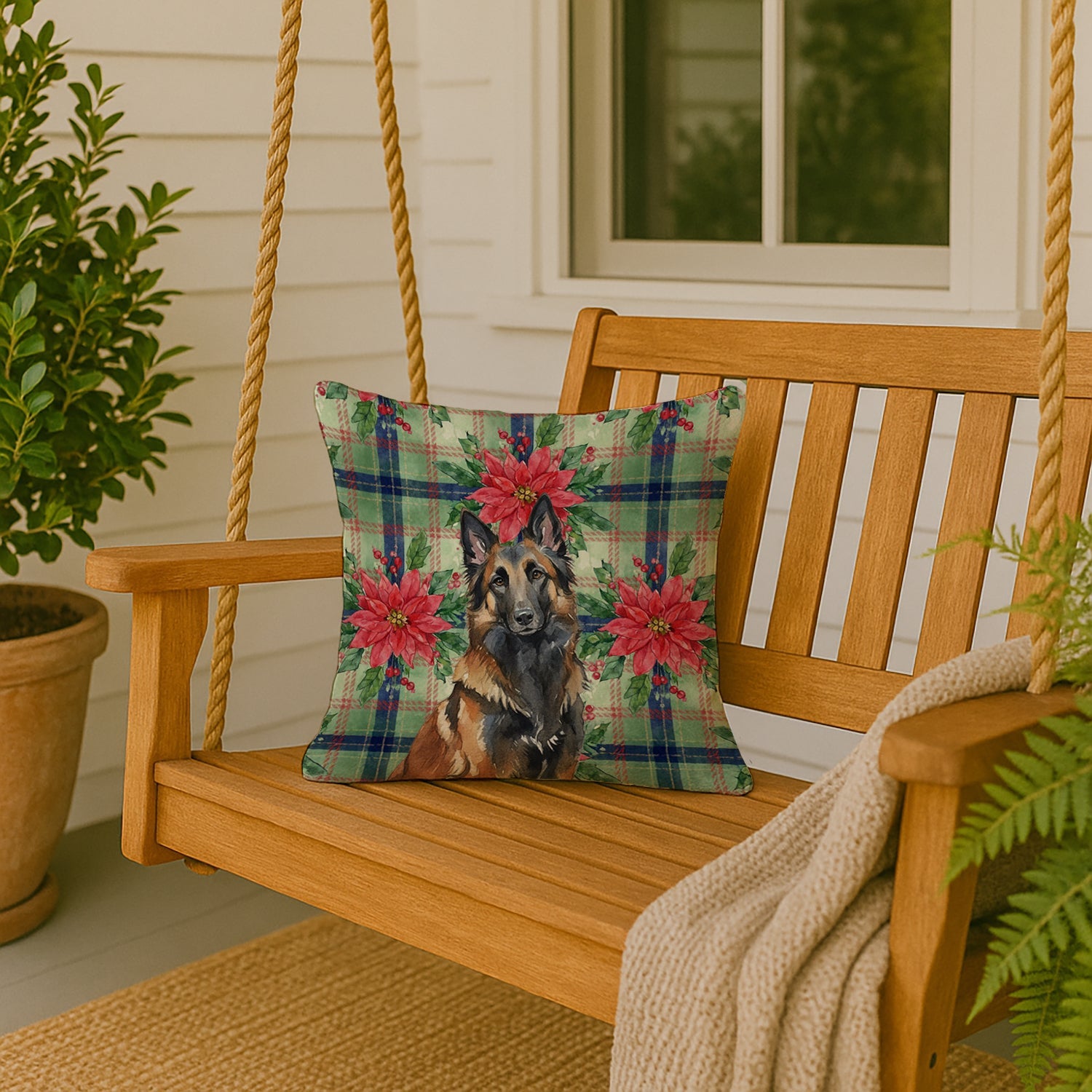 Belgian Tervuren Christmas PoinsettIas Decorative Throw Pillow 18x18 Indoor Outdoor Accent Cushion, Fabric Cover with Insert for Sofa, Bed, Porch & Living Room