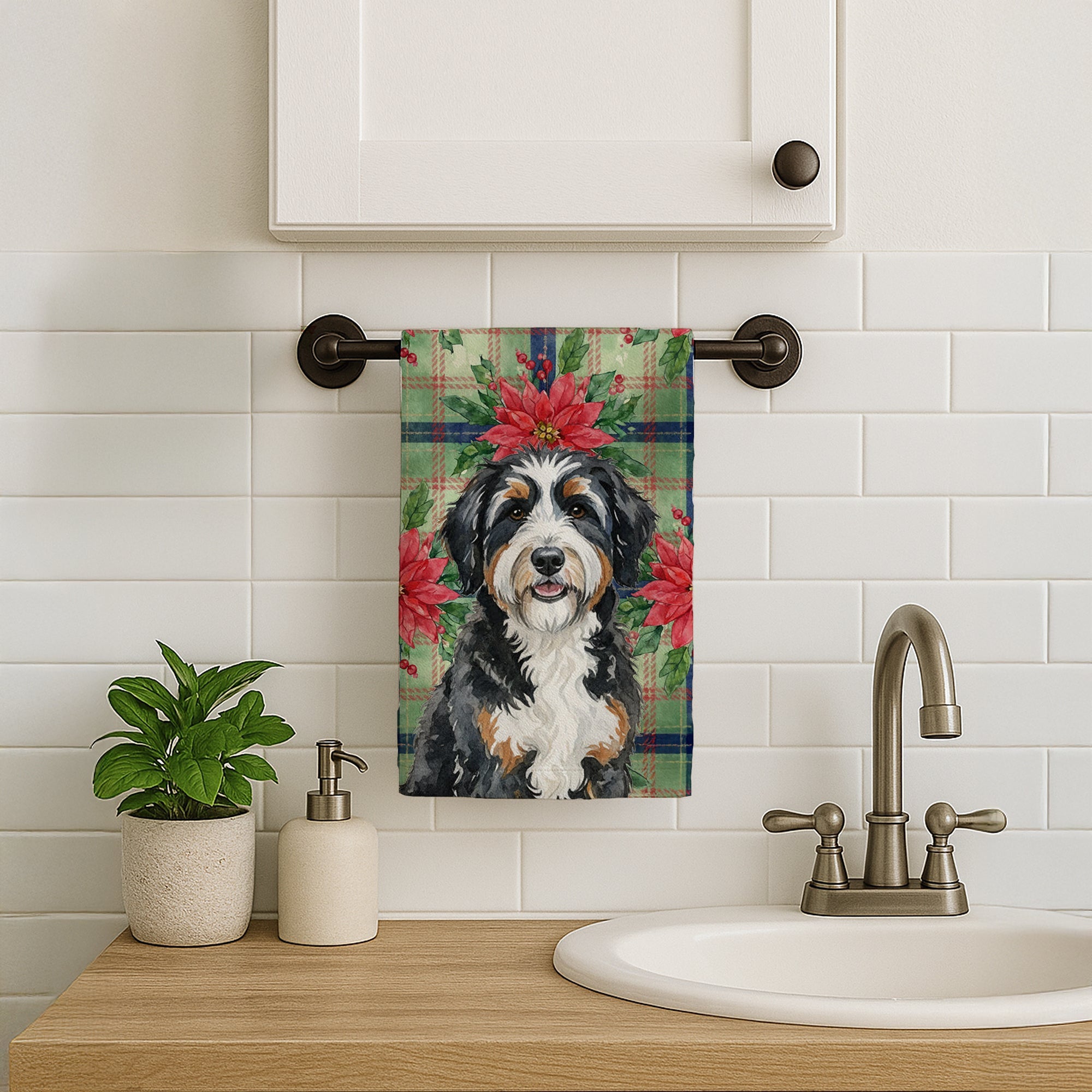 Berndoodle Christmas PoinsettIas Kitchen Towel Velour Plush Front and Cotton Loop Back Machine Washable