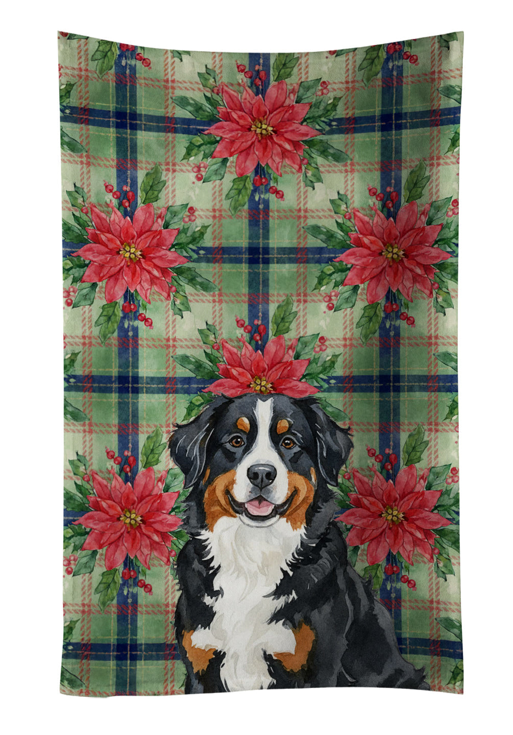 Bernese Mountain Dog Christmas PoinsettIas Kitchen Towel Velour Plush Front and Cotton Loop Back Machine Washable