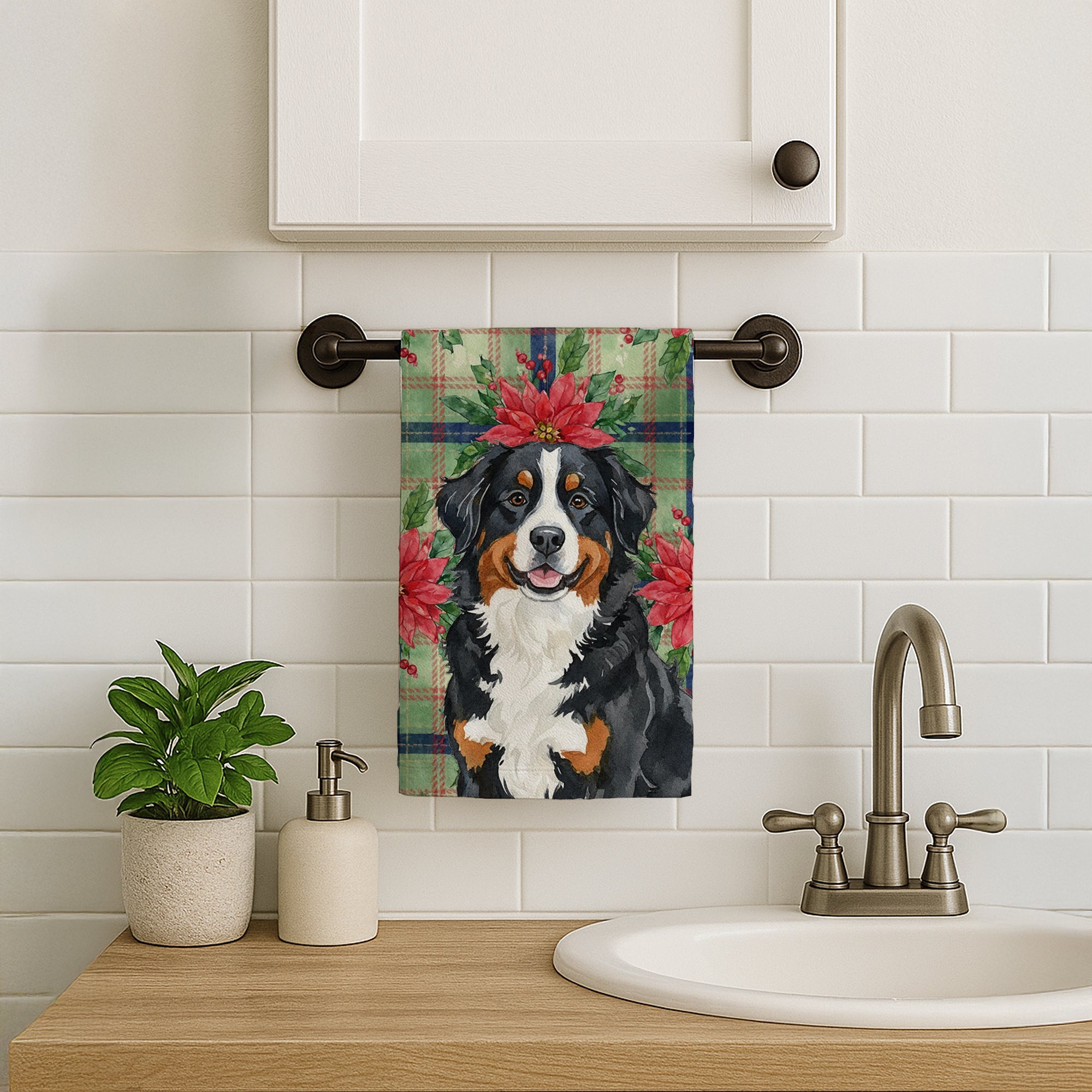 Bernese Mountain Dog Christmas PoinsettIas Kitchen Towel Velour Plush Front and Cotton Loop Back Machine Washable