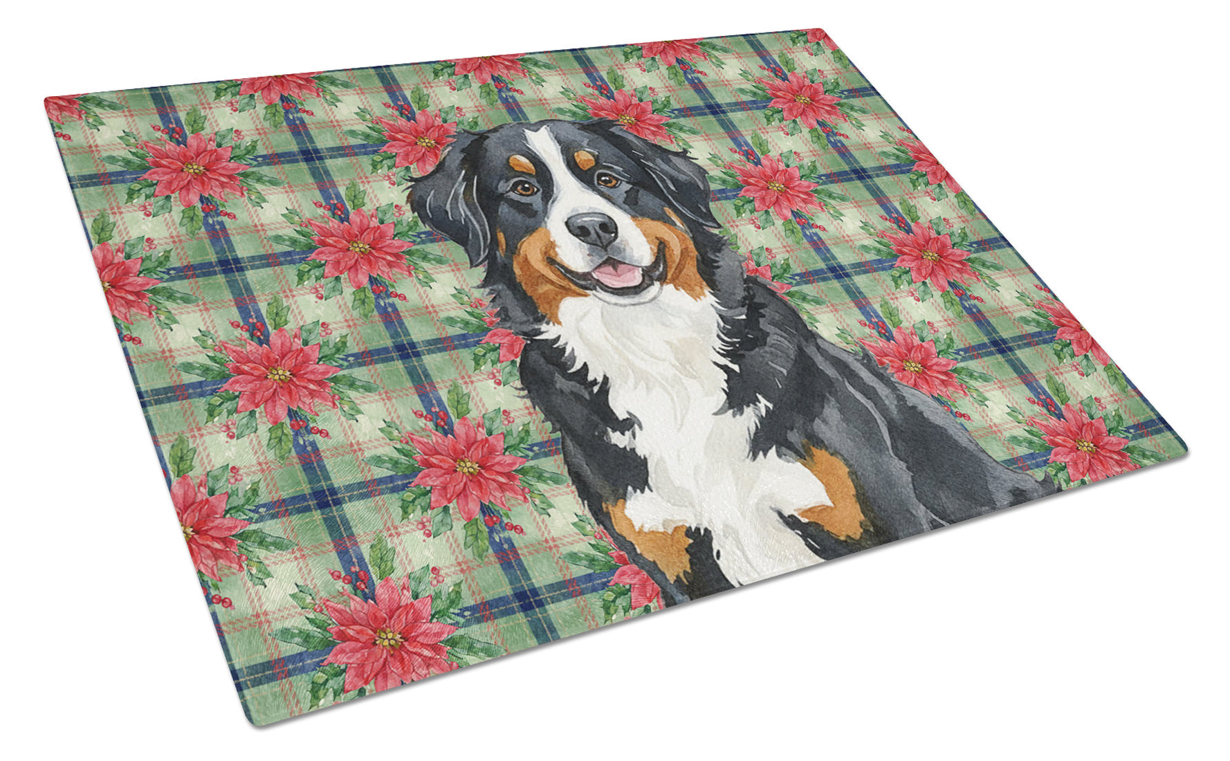 Bernese Mountain Dog Christmas PoinsettIas Cutting Board Tempered Glass Kitchen Cutting Surface, Heat Resistant Chopping, Non-Slip Feet, Food Prep & Serving